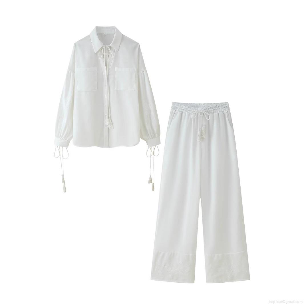 Women's 2 Piece Outfits Cotton Linen Blend Embroidered Long Sleeve Shirt And Wide Leg Pants Boho Tassel Drawstring Casual Vacation Outfits Women's 2 Piece Outfits Cotton Linen Blend Embroidered Long Sleeve Shirt And Wide Leg Pants Boho Tassel Drawstring Casual Vacation Outfits