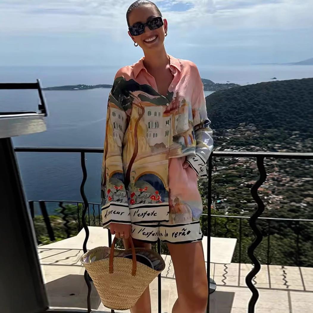 Women Satin Art Landscape Print 2-Piece Set Long Sleeve Lapel Shirt and Elastic Waist Shorts Casual Resort Wear Suit Pink Multi-Color Women Satin Art Landscape Print 2-Piece Set Long Sleeve Lapel Shirt and Elastic Waist Shorts Casual Resort Wear Suit Pink Multi-Color