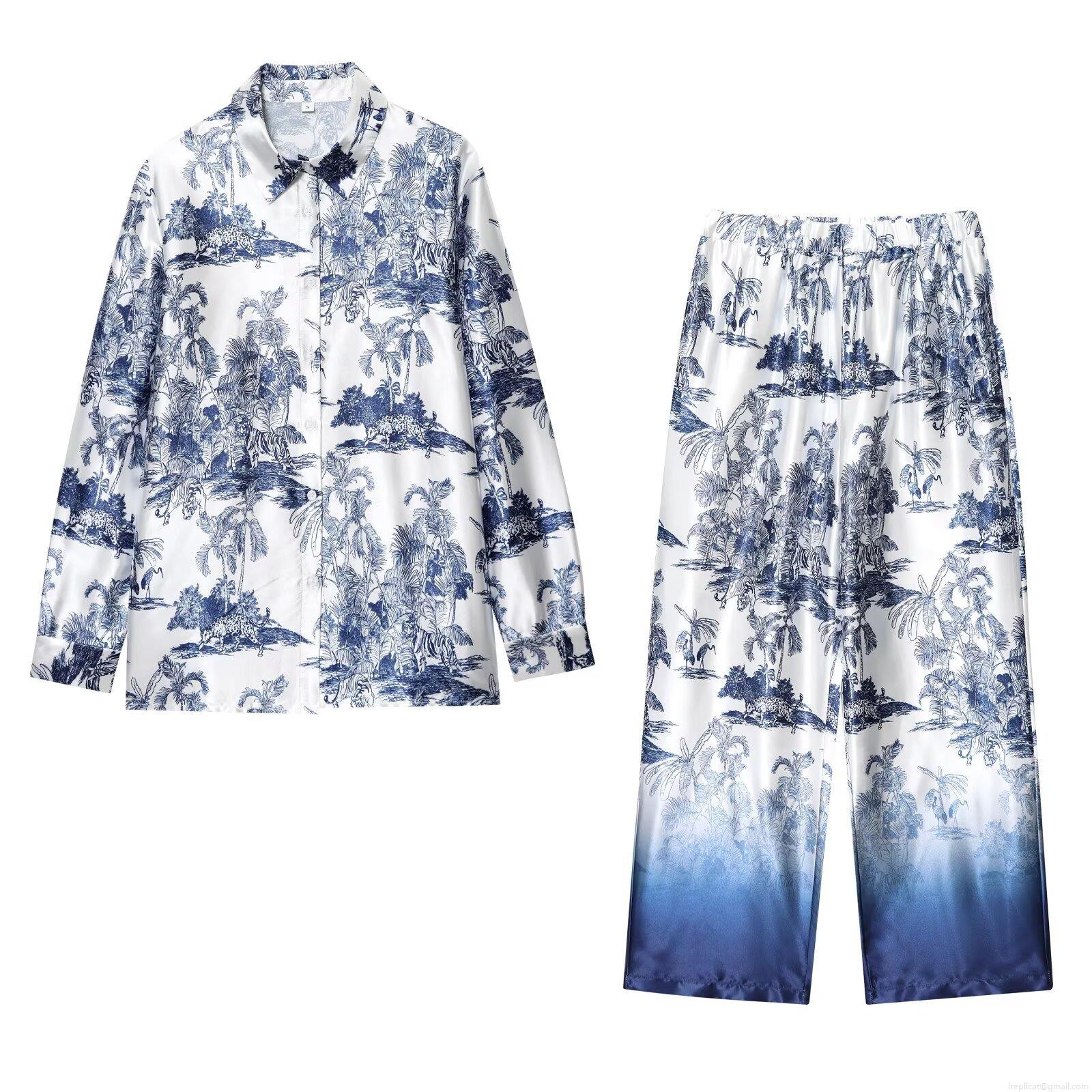 Women's Two Piece Pants Set Satin Texture Toile de Jouy Tropical Print Long Sleeve Button Down Shirt And Gradient Wide Leg Pants French Retro Summer Vacation Casual Outfit Women's Two Piece Pants Set Satin Texture Toile de Jouy Tropical Print Long Sleeve Button Down Shirt And Gradient Wide Leg Pants French Retro Summer Vacation Casual Outfit