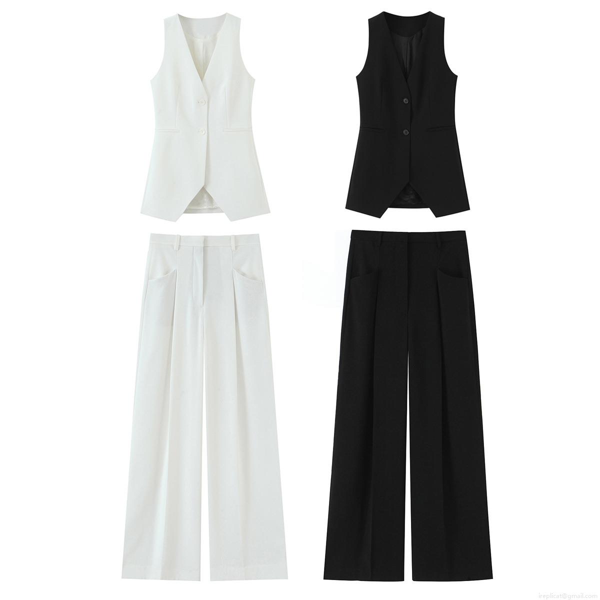 Women's Casual Vest And Wide Leg Pants Two Piece Set V Neck Single Breasted Sleeveless Waistcoat Solid Color High Waist Trousers Office Lady Suits Women's Casual Vest And Wide Leg Pants Two Piece Set V Neck Single Breasted Sleeveless Waistcoat Solid Color High Waist Trousers Office Lady Suits