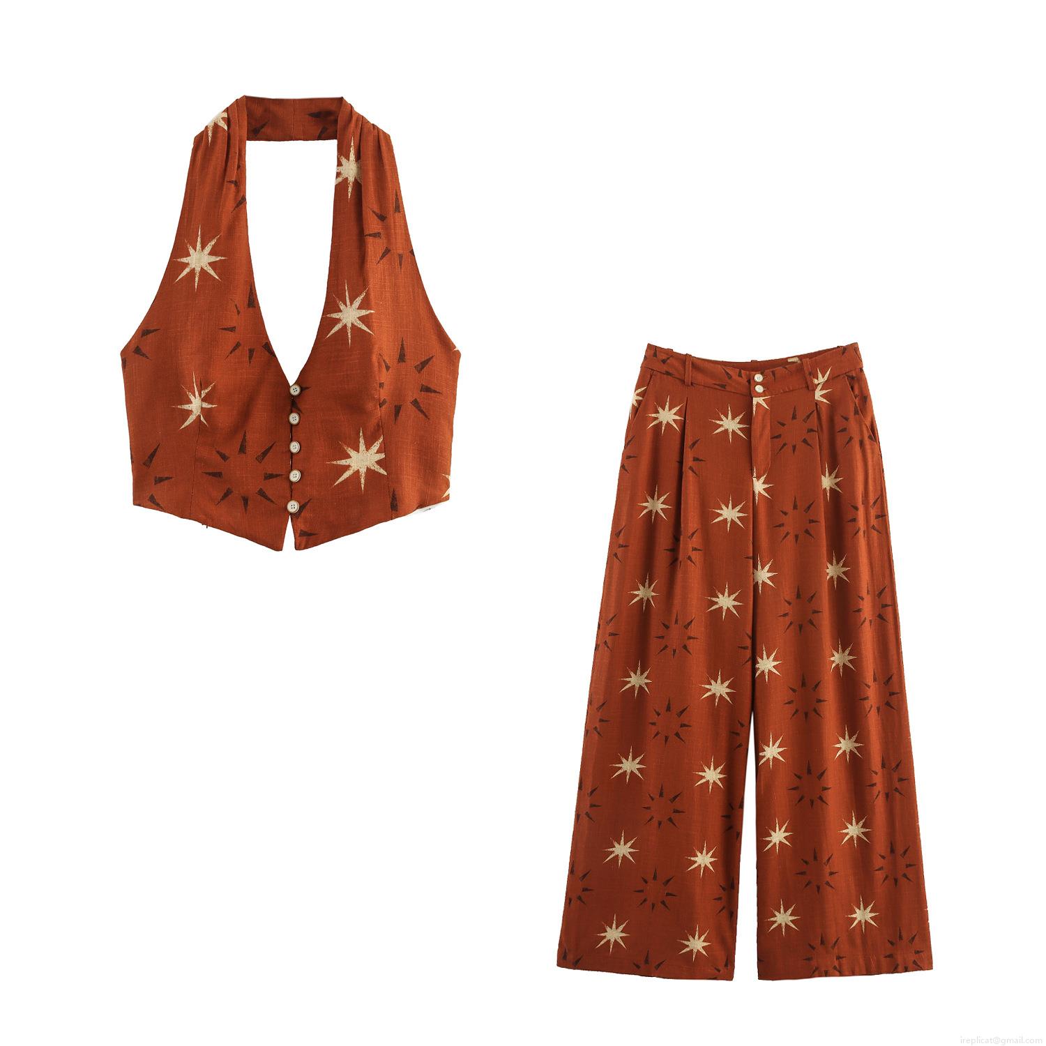 Women's Two-Piece Set Linen Blend Polyester Halter Neck Cropped Top and High Waist Wide Leg Pants Vintage Sun Star Print Bohemian Style Summer Beach Vacation Holiday Wear For Women Women's Two-Piece Set Linen Blend Polyester Halter Neck Cropped Top and High Waist Wide Leg Pants Vintage Sun Star Print Bohemian Style Summer Beach Vacation Holiday Wear For Women