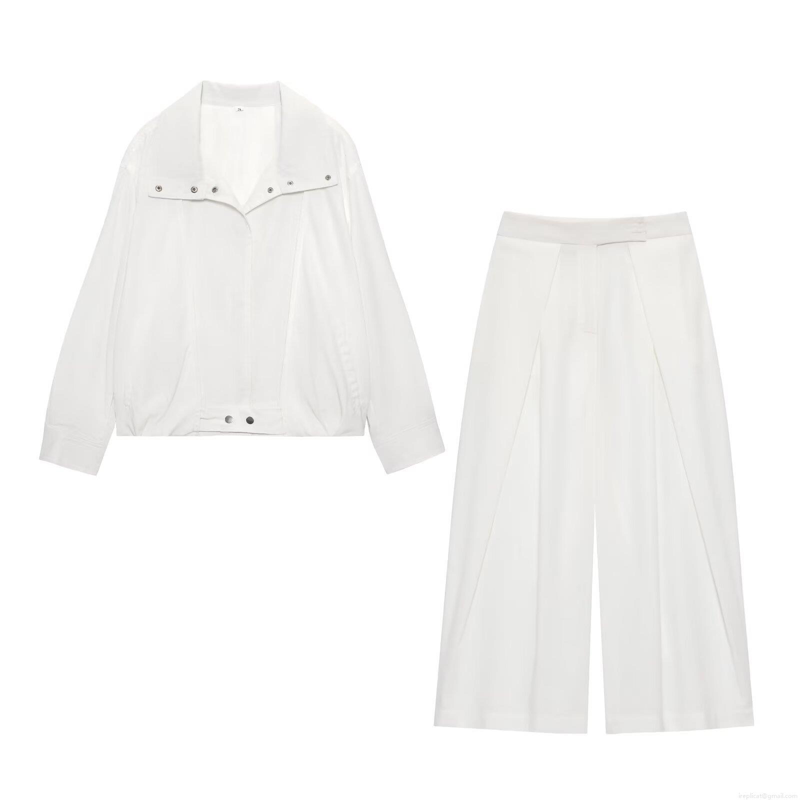 Women's 2 Piece Casual Set Solid White Lapel Zipper Jacket And High Waist Wide Leg Pleated Pants Modern Streetwear Outfit For Women Women's 2 Piece Casual Set Solid White Lapel Zipper Jacket And High Waist Wide Leg Pleated Pants Modern Streetwear Outfit For Women
