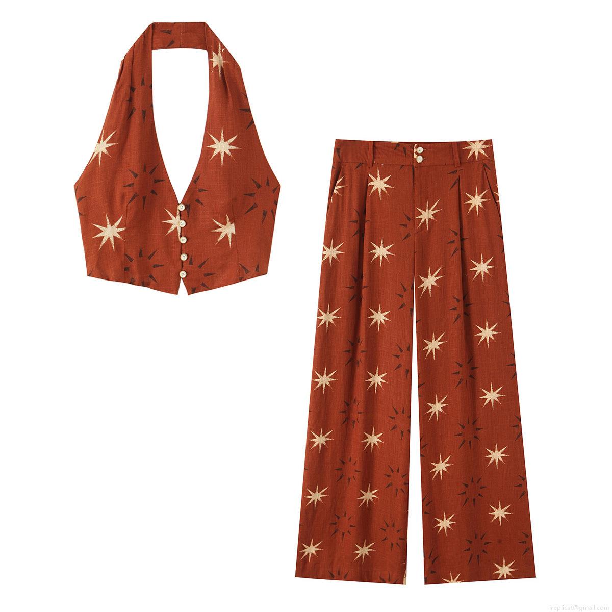Women Retro Halter Neck Button Down Vest And Wide Leg Pants Set Starburst Sun Print Cotton Linen Blend Two Piece Outfits Summer Beach Vacation Sleeveless Crop Top Loose Trousers Set Women Retro Halter Neck Button Down Vest And Wide Leg Pants Set Starburst Sun Print Cotton Linen Blend Two Piece Outfits Summer Beach Vacation Sleeveless Crop Top Loose Trousers Set