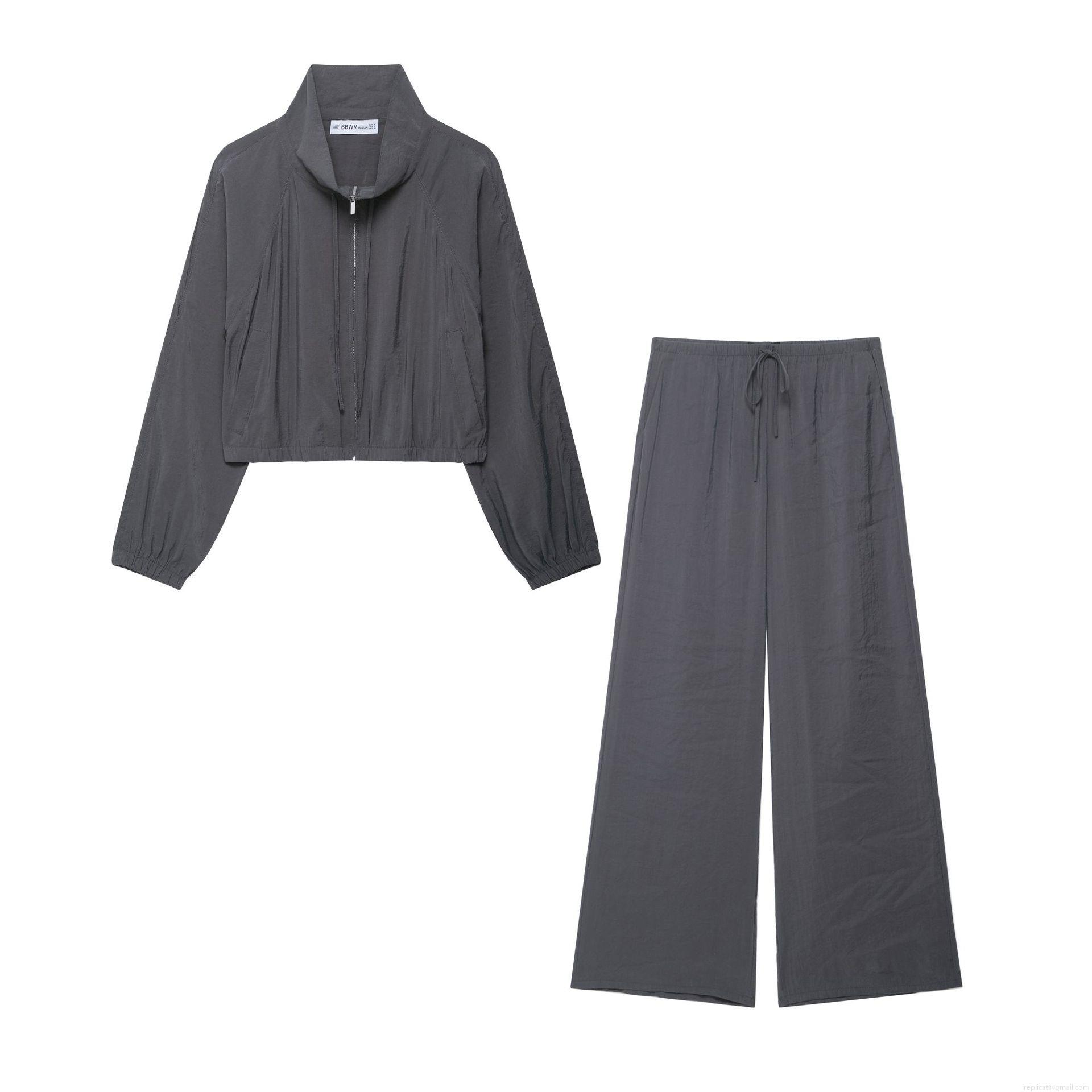 Women's Casual 2 Piece Set Solid Polyester Woven Zip Up Stand Collar Jacket And Wide Leg Drawstring Pants Streetwear Daily Lounge Outfit Women's Casual 2 Piece Set Solid Polyester Woven Zip Up Stand Collar Jacket And Wide Leg Drawstring Pants Streetwear Daily Lounge Outfit