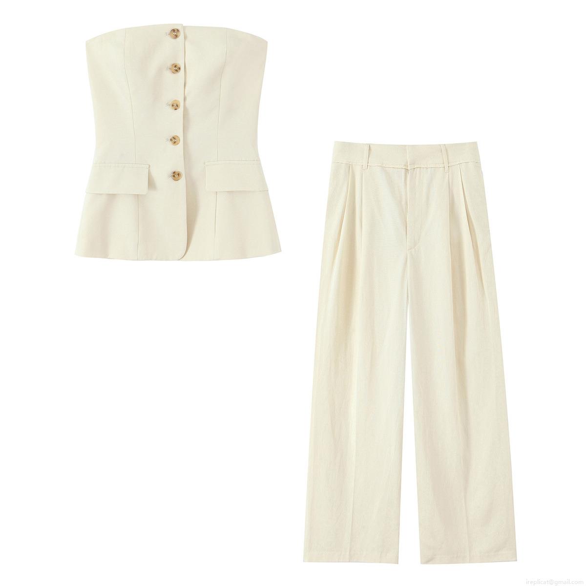 Women Solid Color Two Piece Set Bandeau Button Down Crop Top And High Waist Wide Leg Pleated Trousers Casual Chic Sleeveless Streetwear Outfits Women Solid Color Two Piece Set Bandeau Button Down Crop Top And High Waist Wide Leg Pleated Trousers Casual Chic Sleeveless Streetwear Outfits