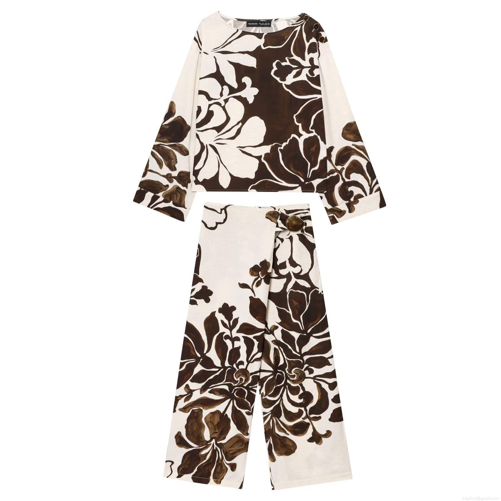 Women's Vintage Floral Print Two Piece Set Long Sleeve Drop Shoulder Top And Wide Leg Pants Casual Bohemian Cotton Linen Texture Vacation Outfits Women's Vintage Floral Print Two Piece Set Long Sleeve Drop Shoulder Top And Wide Leg Pants Casual Bohemian Cotton Linen Texture Vacation Outfits