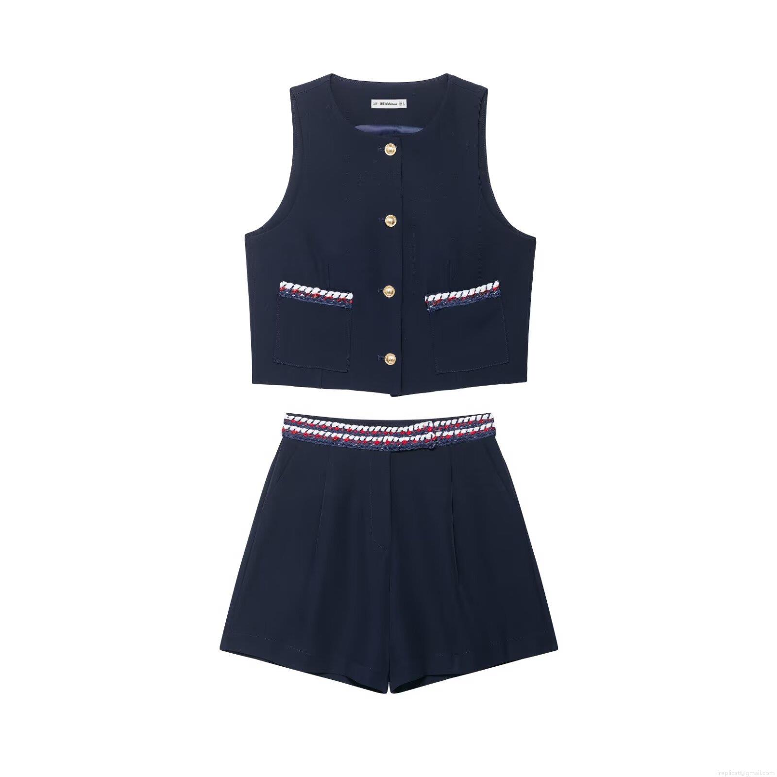 Women Elegant Navy Blue Two Piece Set Polyester Round Neck Vest Waistcoat High Waist Shorts Gold Buttons Braid Trim Streetwear Party Professional Wear Women Elegant Navy Blue Two Piece Set Polyester Round Neck Vest Waistcoat High Waist Shorts Gold Buttons Braid Trim Streetwear Party Professional Wear