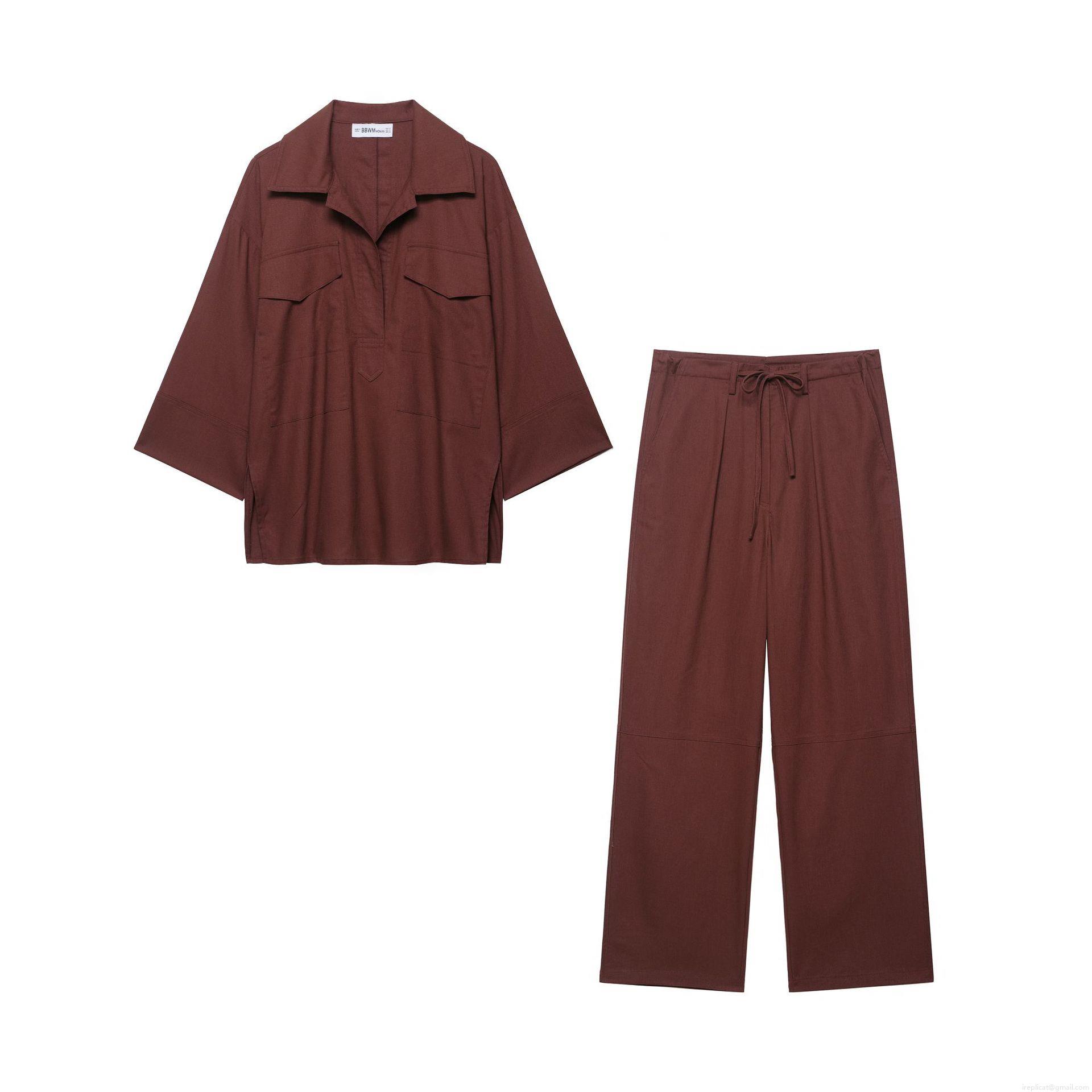 Women's Casual 2 Piece Set 100% Polyester Lapel Long Sleeve Shirt and Wide Leg Pants Loose Minimalist Outfits for Daily Commute Women's Casual 2 Piece Set 100% Polyester Lapel Long Sleeve Shirt and Wide Leg Pants Loose Minimalist Outfits for Daily Commute
