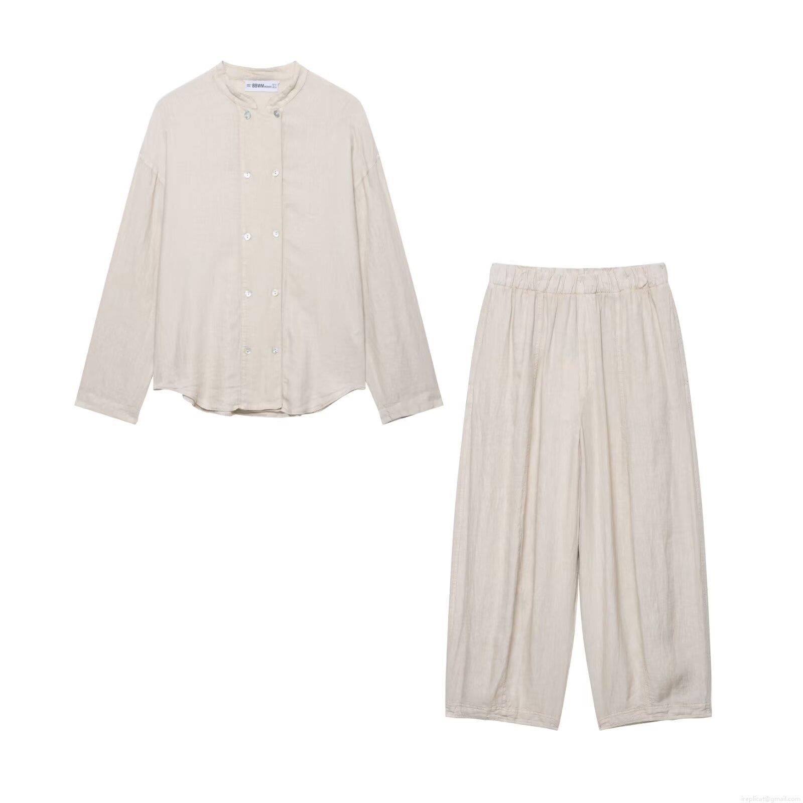 Women's Two Piece Set Linen Texture Polyester Long Sleeve Double Breasted Shirt And Wide Leg Pants Casual Minimalist Streetwear Outfit Women's Two Piece Set Linen Texture Polyester Long Sleeve Double Breasted Shirt And Wide Leg Pants Casual Minimalist Streetwear Outfit