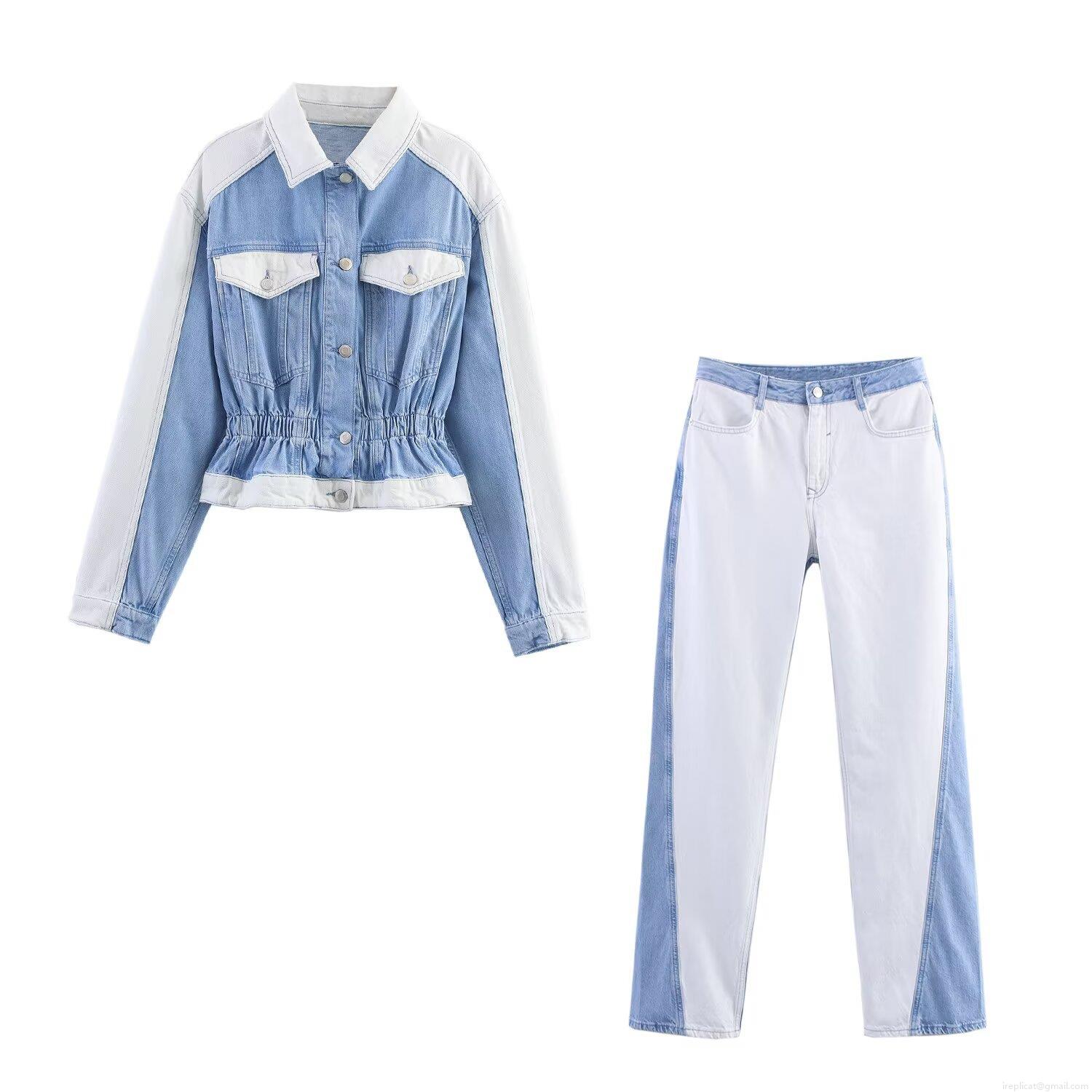 Women Color Block Patchwork Denim Jacket and Straight Leg Pants Two Piece Set Casual Long Sleeve Button Up Crop Top High Waist Jeans Streetwear Outfit Women Color Block Patchwork Denim Jacket and Straight Leg Pants Two Piece Set Casual Long Sleeve Button Up Crop Top High Waist Jeans Streetwear Outfit