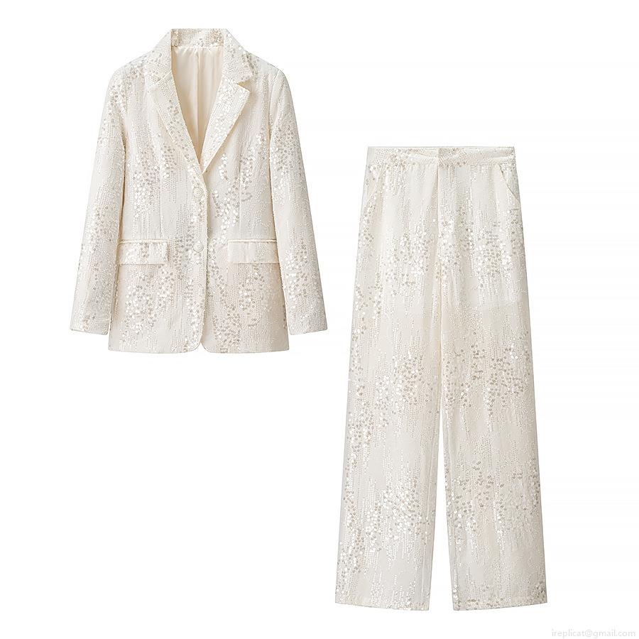 Women's Sequin Blazer And Pants Set Cream White Long Sleeve Single Breasted Jacket High Waisted Wide Leg Trousers Sparkling Party Evening Formal Suit Women's Sequin Blazer And Pants Set Cream White Long Sleeve Single Breasted Jacket High Waisted Wide Leg Trousers Sparkling Party Evening Formal Suit