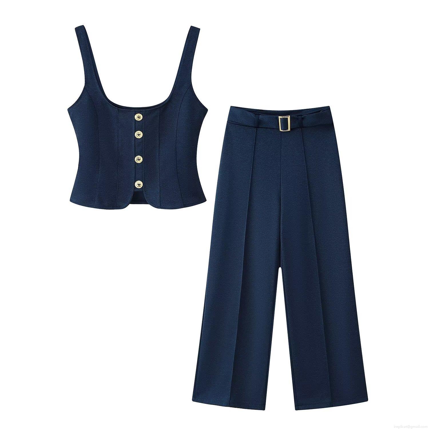 Women's Casual Twill Two Piece Set Metal Button Square Neck Crop Tank Top and High Waist Wide Leg Trousers With Belt Office Lady Outfits Women's Casual Twill Two Piece Set Metal Button Square Neck Crop Tank Top and High Waist Wide Leg Trousers With Belt Office Lady Outfits