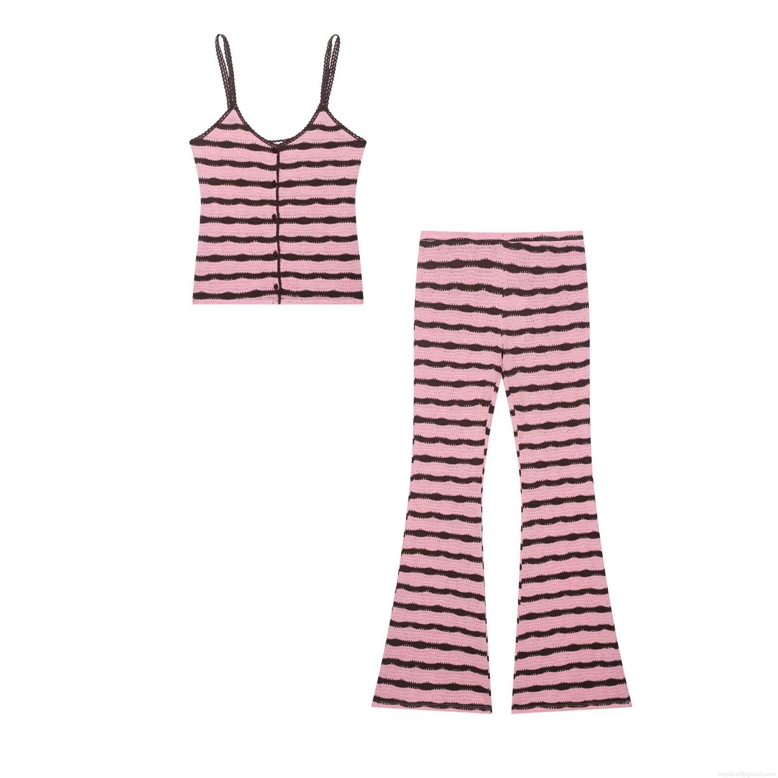 Women's Vintage Knit Two Piece Set Striped Lace Trim V-Neck Tank Top and High Waist Flare Pants Set Streetwear Outfits Women's Vintage Knit Two Piece Set Striped Lace Trim V-Neck Tank Top and High Waist Flare Pants Set Streetwear Outfits