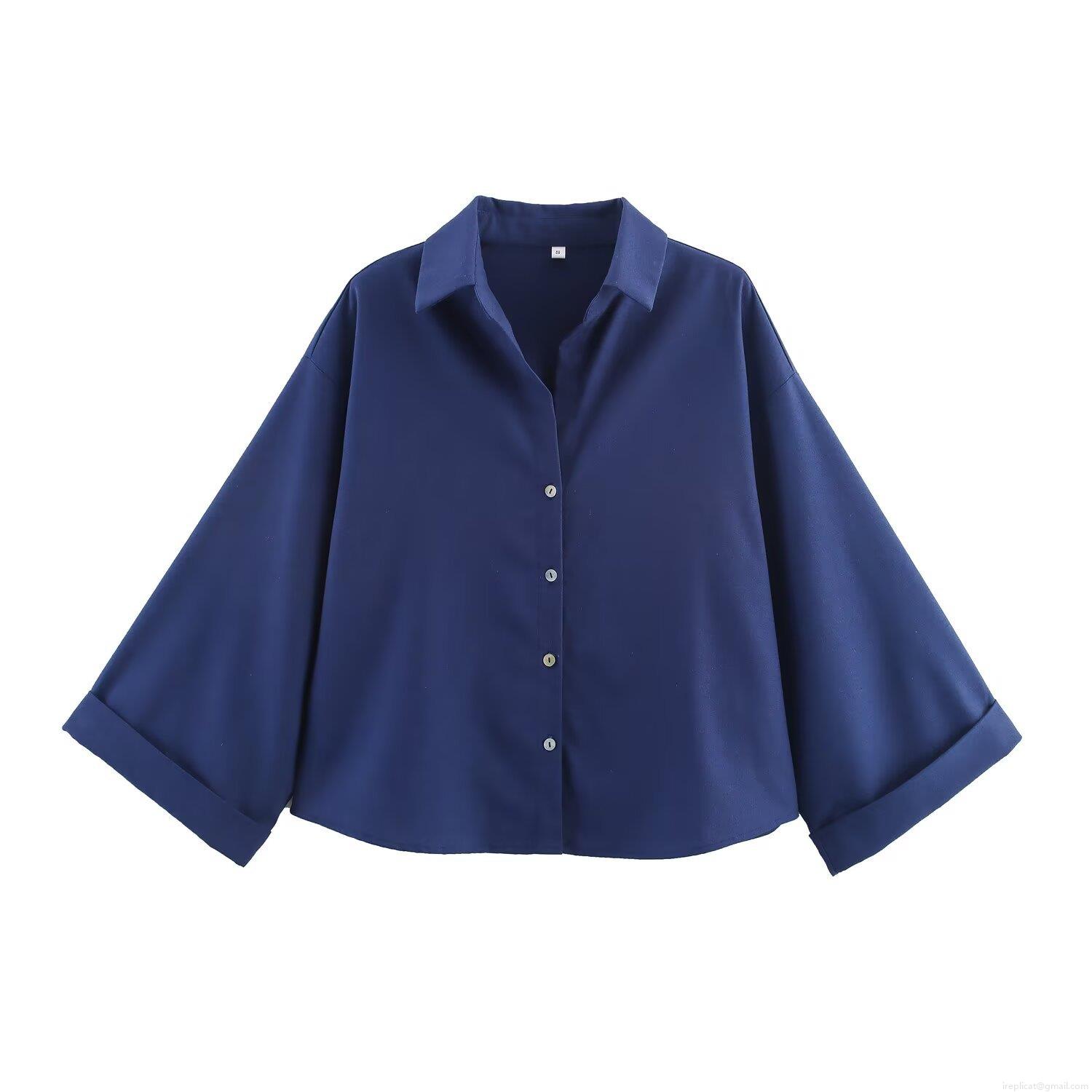 Women\'s Casual Cotton Linen Blend Two Piece Set Navy Blue Lapel Button Down Shirt And Elastic Waist Wide Leg Drawstring Pants Lounge Outfit For Women