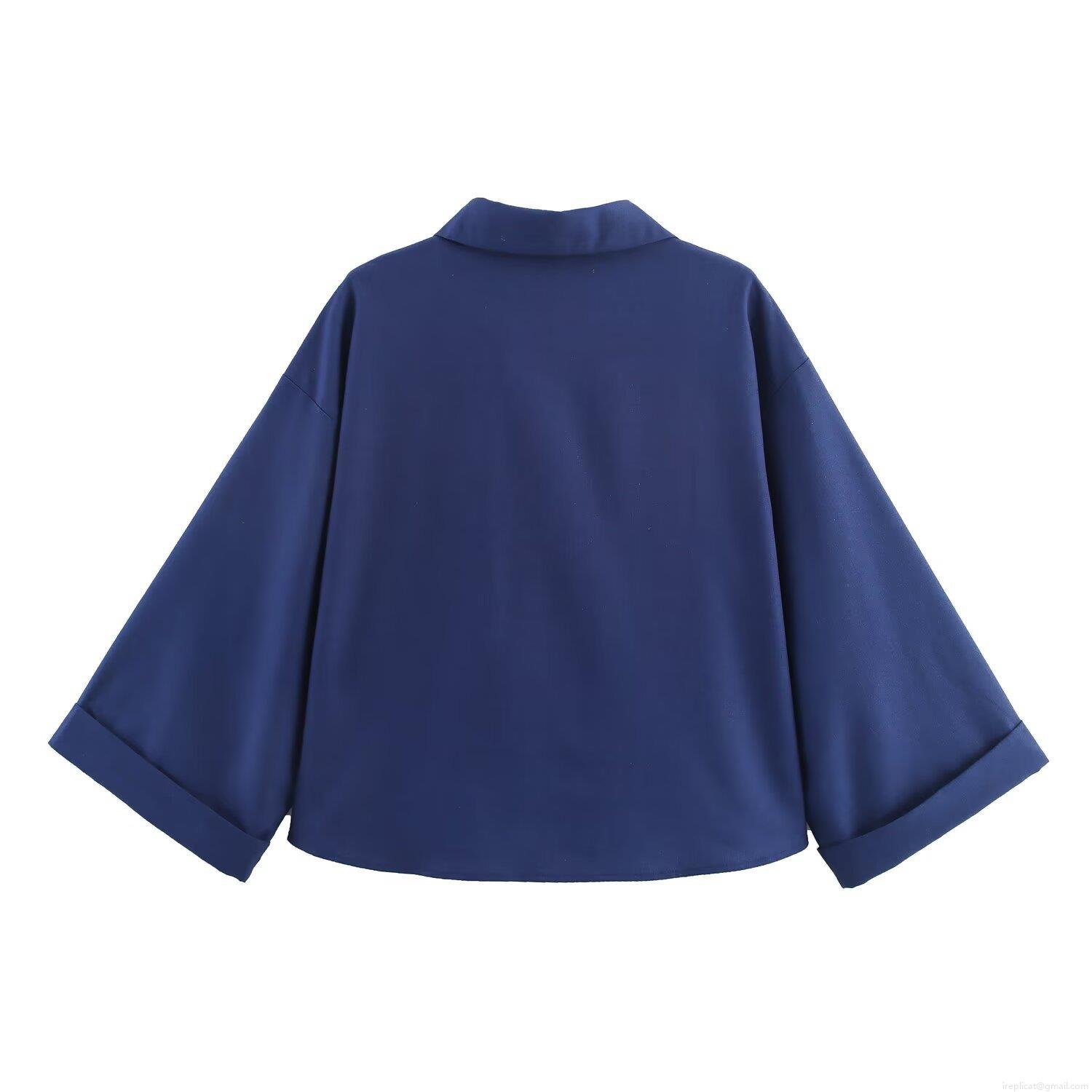Women\'s Casual Cotton Linen Blend Two Piece Set Navy Blue Lapel Button Down Shirt And Elastic Waist Wide Leg Drawstring Pants Lounge Outfit For Women