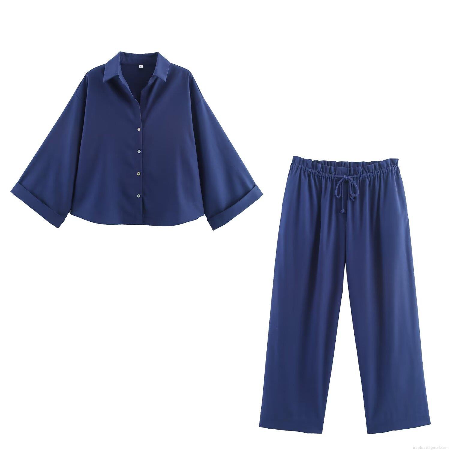 Women\'s Casual Cotton Linen Blend Two Piece Set Navy Blue Lapel Button Down Shirt And Elastic Waist Wide Leg Drawstring Pants Lounge Outfit For Women