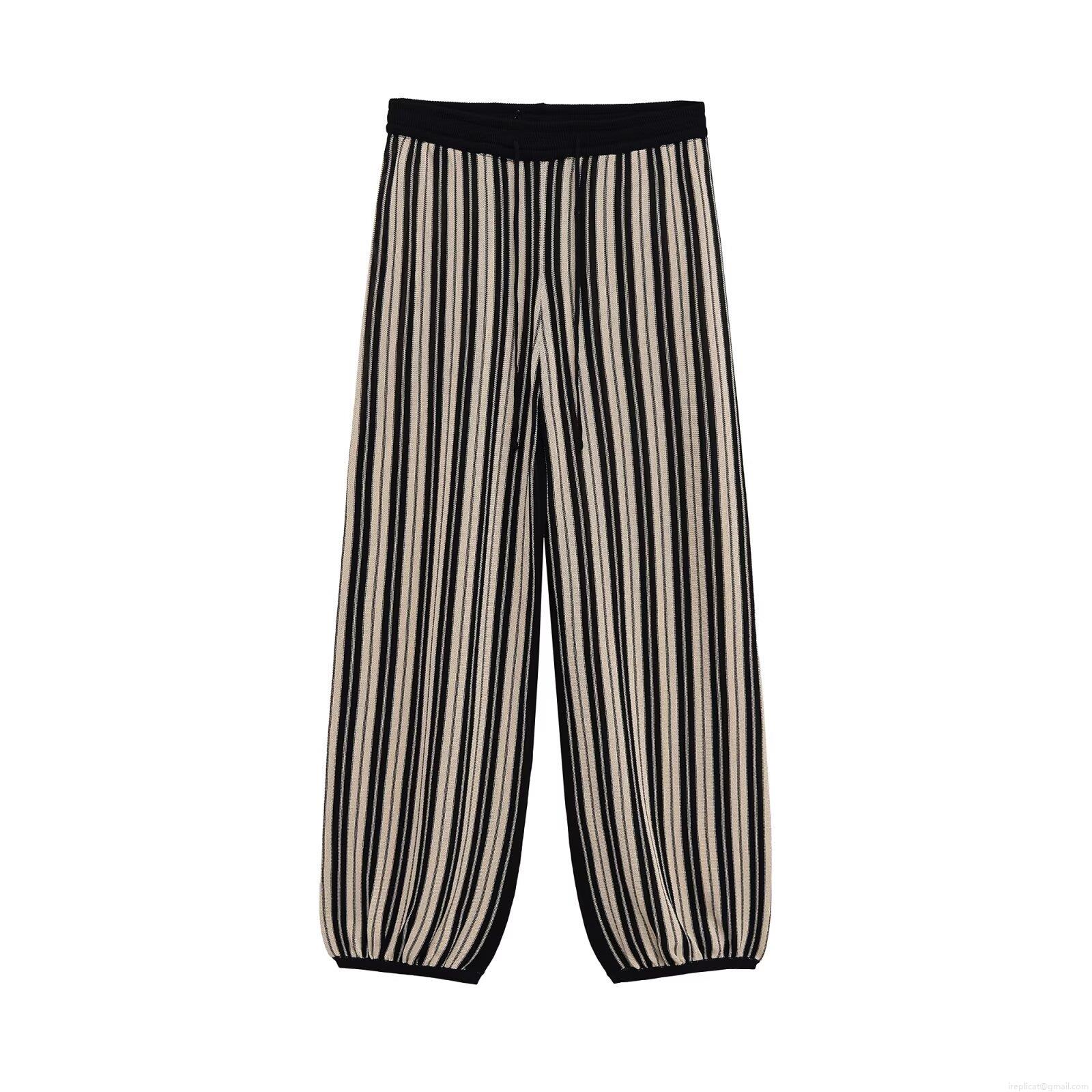 Women's Striped Knit Two Piece Set Linen Texture Button Round Neck Short Sleeve Top And High Waisted Drawstring Long Pants Casual Streetwear Outfits Women's Striped Knit Two Piece Set Linen Texture Button Round Neck Short Sleeve Top And High Waisted Drawstring Long Pants Casual Streetwear Outfits