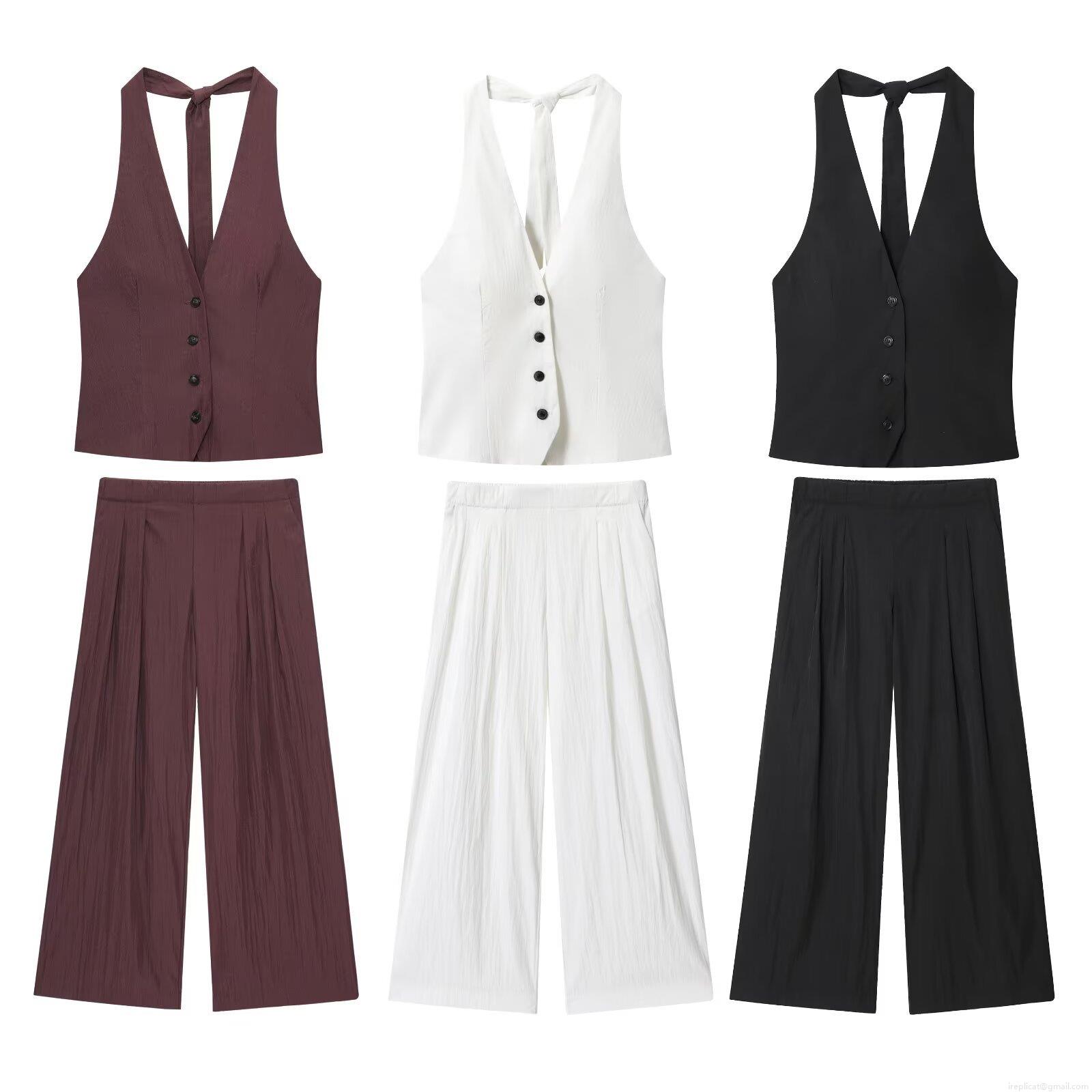 Women Halter V-Neck Button Vest And Pleated Wide Leg Pants Two Piece Set Elegant Solid Color Sleeveless Summer Outfits Co-ord Suits Women Halter V-Neck Button Vest And Pleated Wide Leg Pants Two Piece Set Elegant Solid Color Sleeveless Summer Outfits Co-ord Suits