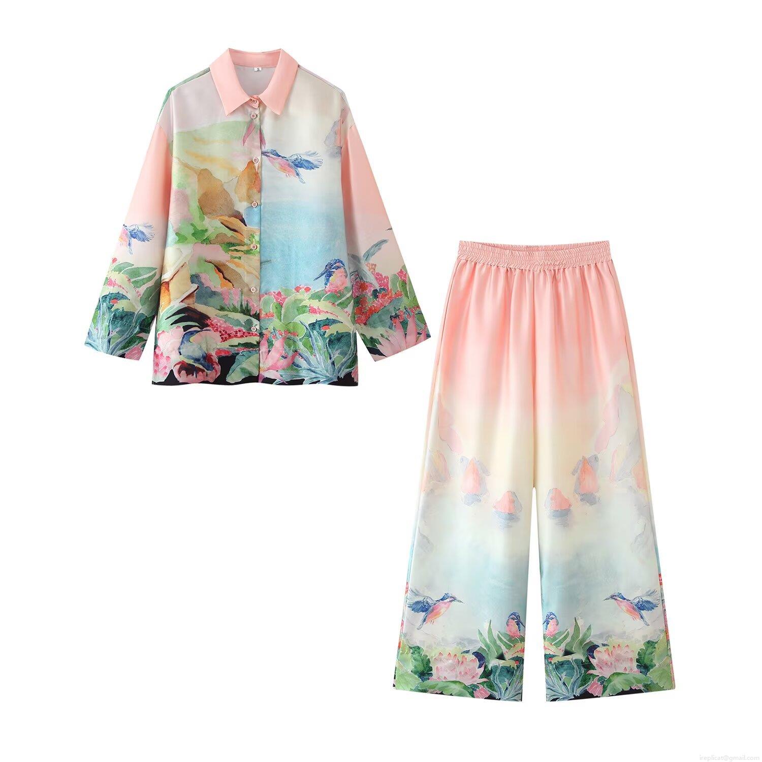 Women's Satin Landscape Print Two Piece Set Long Sleeve Shirt and Wide Leg Pants Casual Fashion Oversized Streetwear Suit for Women Women's Satin Landscape Print Two Piece Set Long Sleeve Shirt and Wide Leg Pants Casual Fashion Oversized Streetwear Suit for Women