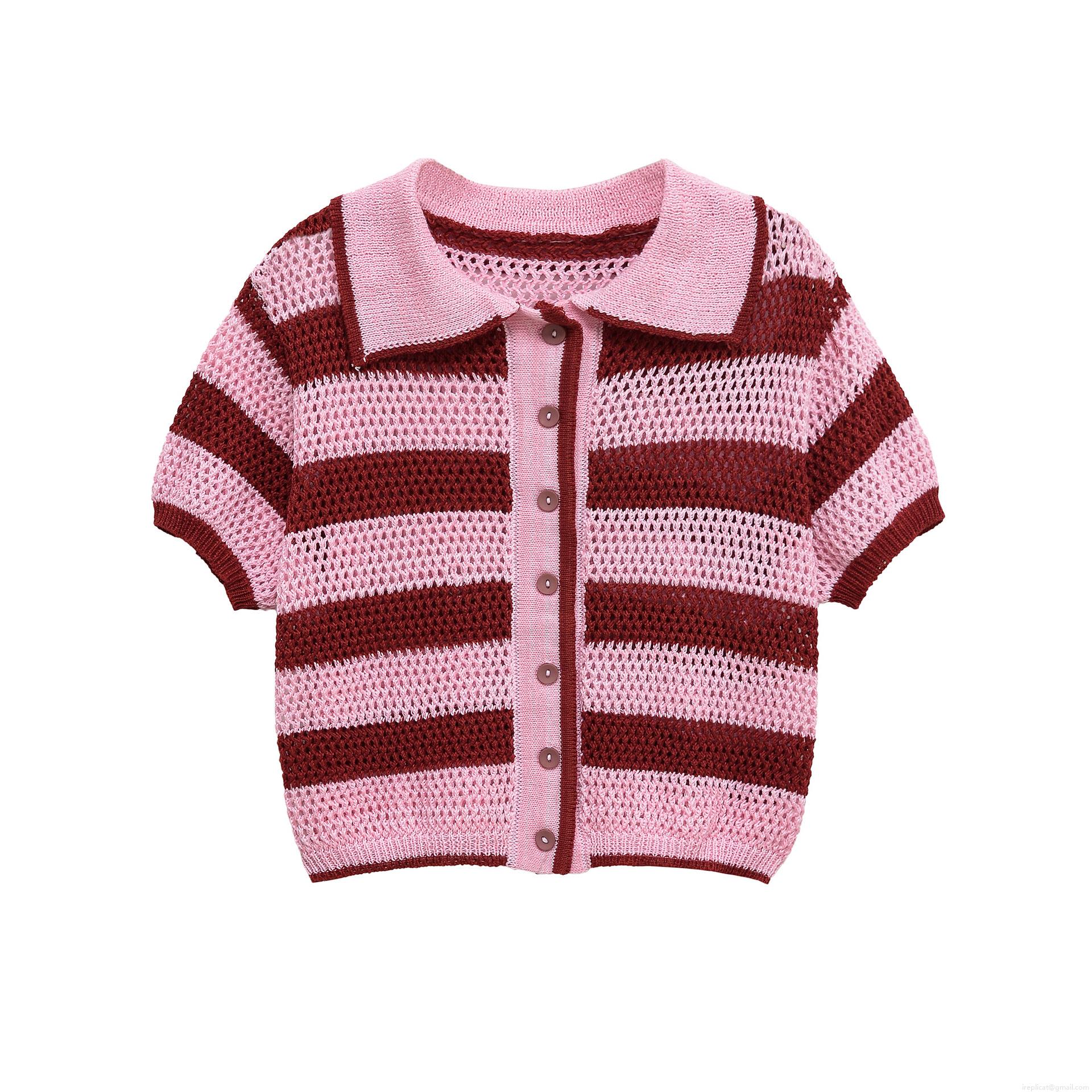 Women's Striped Knitted Two Piece Set Short Sleeve Polo Top And High Waist Shorts Casual Hollow Crochet Knitwear Polyester Summer Outfits Streetwear Co-ord Set For Women