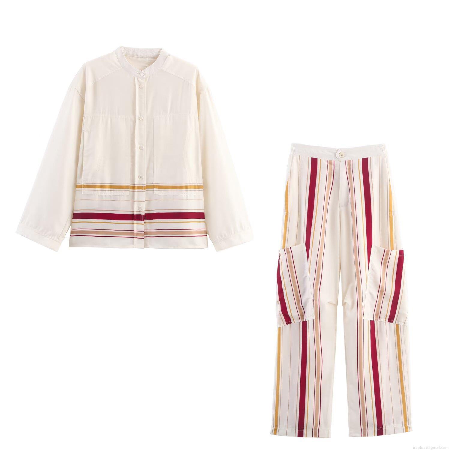 Women's Casual Contrast Color Stripe Two Piece Set Long Sleeve Stand Collar Button Down Shirt And High Waist Wide Leg Pants Outfits Streetwear Polyester Suits Women's Casual Contrast Color Stripe Two Piece Set Long Sleeve Stand Collar Button Down Shirt And High Waist Wide Leg Pants Outfits Streetwear Polyester Suits
