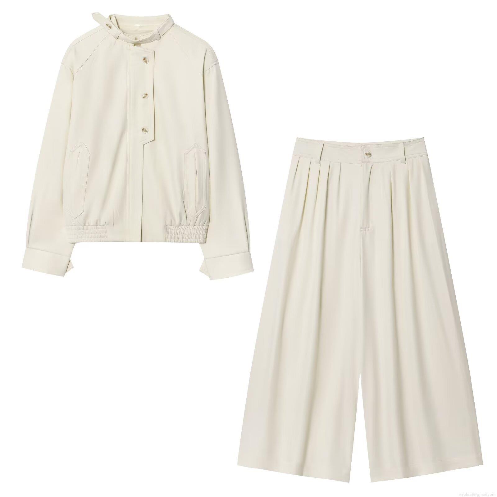 Women's Casual 2-Piece Pants Set Polyester Stand Collar Button Up Jacket And High Waist Pleated Wide Leg Trousers Cream Solid Color Fashion Streetwear Suit