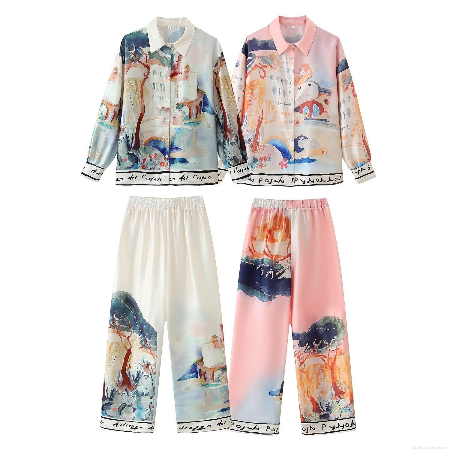 Women's Artistic Landscape Print 2 Piece Set Satin Long Sleeve Lapel Shirt and Elastic Waist Wide Leg Pants Casual Vacation Streetwear Outfit Women's Artistic Landscape Print 2 Piece Set Satin Long Sleeve Lapel Shirt and Elastic Waist Wide Leg Pants Casual Vacation Streetwear Outfit