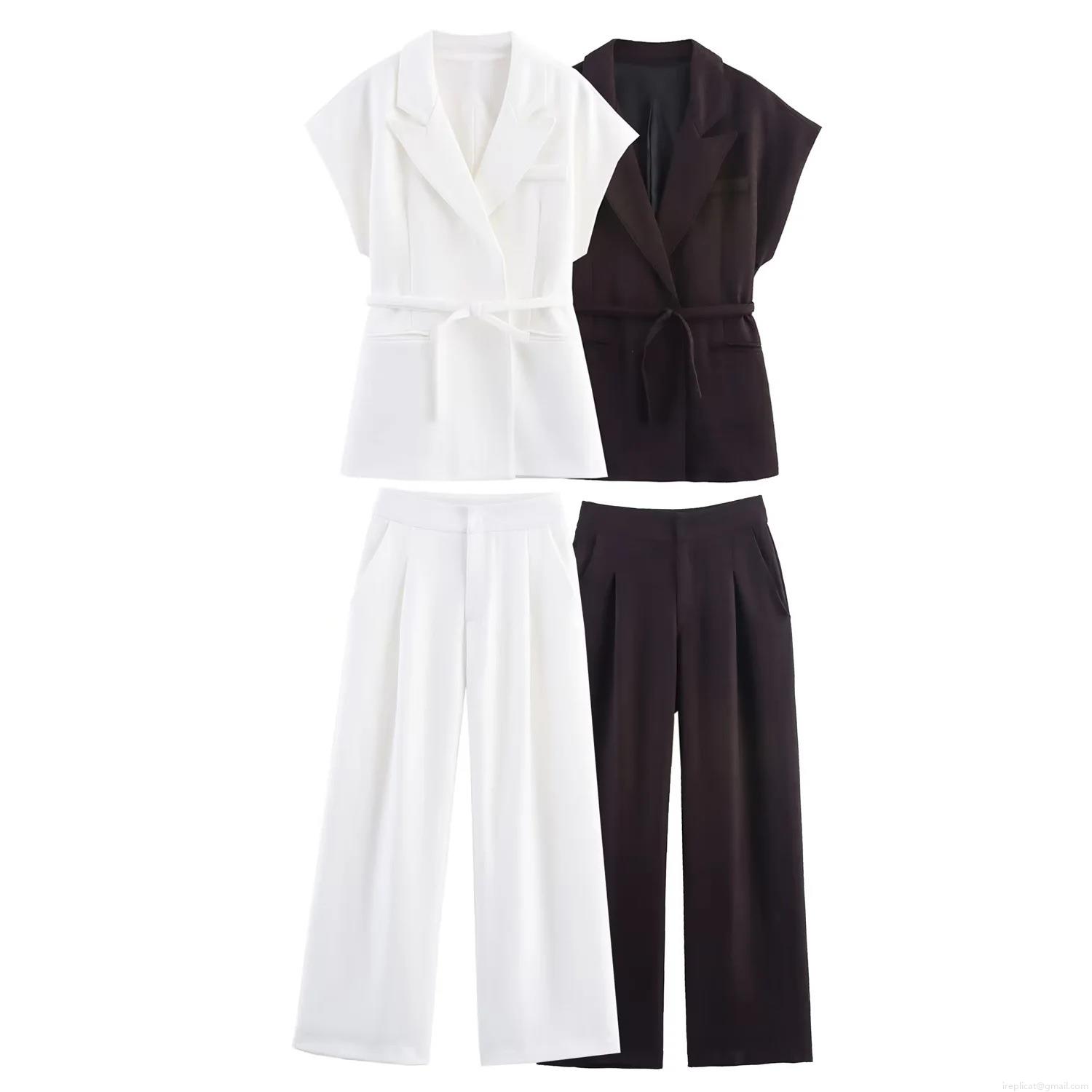 Women Linen Blend Double Breasted Vest Top And High Waist Wide Leg Pants 2 Piece Set With Belt Casual Office Commute Streetwear Suit Outfits Women Linen Blend Double Breasted Vest Top And High Waist Wide Leg Pants 2 Piece Set With Belt Casual Office Commute Streetwear Suit Outfits