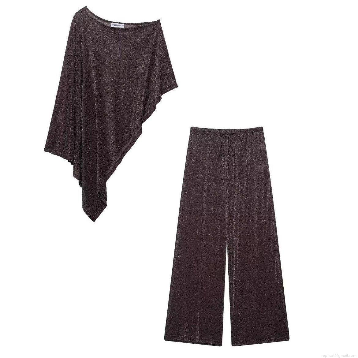 Women's 2 Piece Set Metallic Glitter Asymmetric One Shoulder Poncho Top Or Wide Leg Pants Casual Streetwear Party Club Outfits Women's 2 Piece Set Metallic Glitter Asymmetric One Shoulder Poncho Top Or Wide Leg Pants Casual Streetwear Party Club Outfits