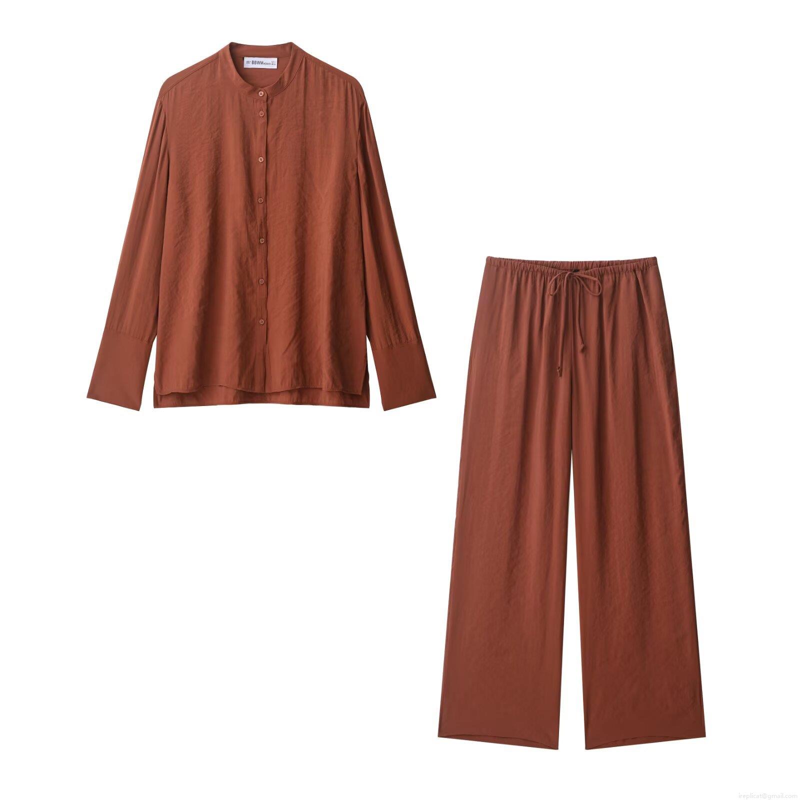 Women's Two Piece Outfits Solid Color Long Sleeve Button Down Shirt And Drawstring Wide Leg Pants Casual Loose Loungewear Sets Streetwear For Women