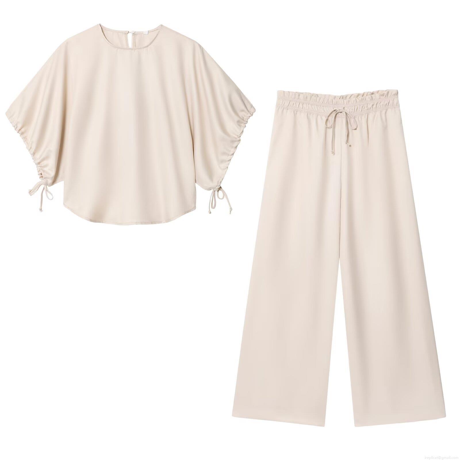 Women's Two Piece Satin Texture Casual Set Puff Sleeve Drawstring Short Sleeve Top and Wide Leg Long Pants Solid Color Streetwear Loungewear Pajama Style Outfit Women's Two Piece Satin Texture Casual Set Puff Sleeve Drawstring Short Sleeve Top and Wide Leg Long Pants Solid Color Streetwear Loungewear Pajama Style Outfit