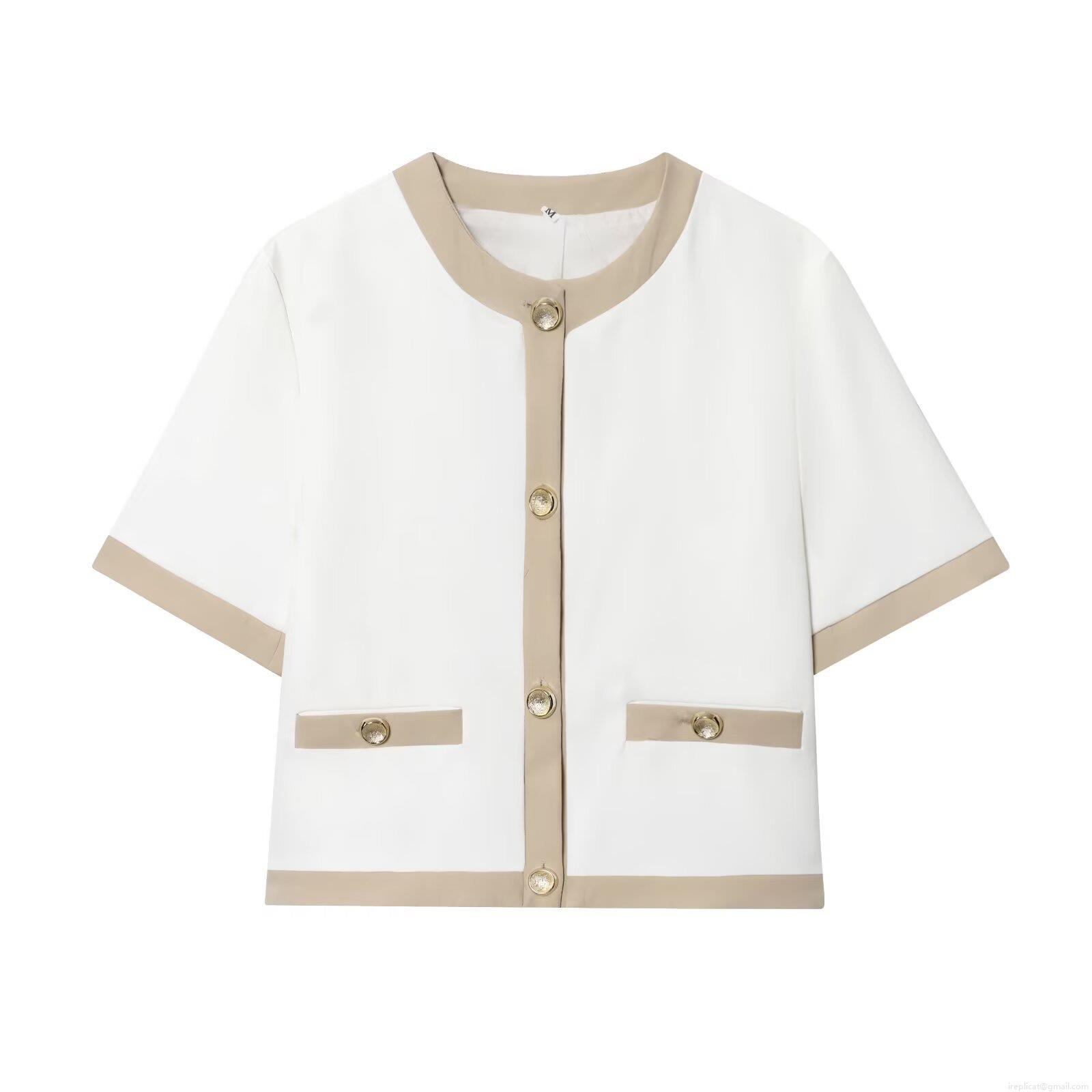 Women\'s Elegant Short Sleeve Blazer And Straight Pants Set Patchwork Contrast Trim Two Piece Suit With Gold Buttons Office Lady Professional Outfit