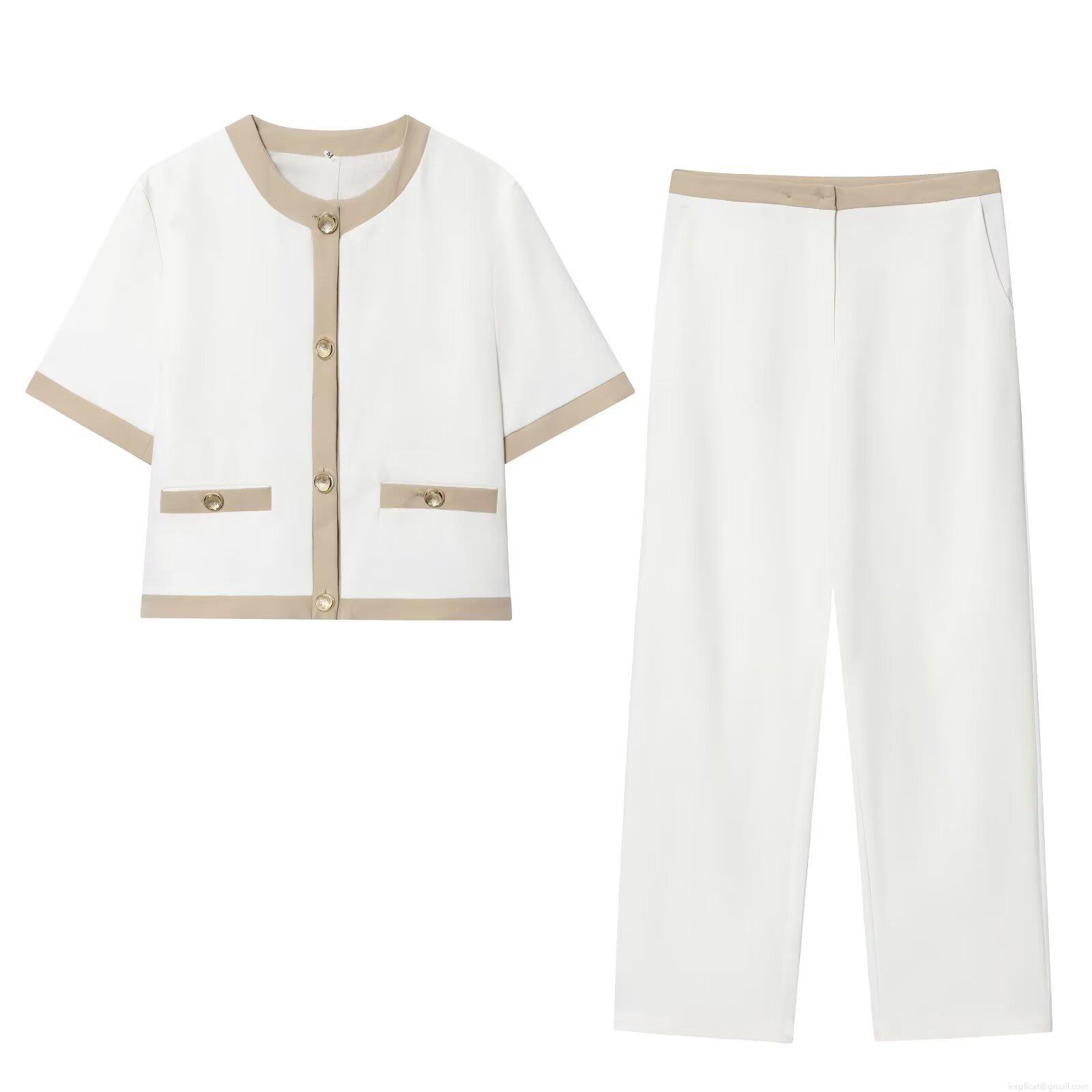 Women\'s Elegant Short Sleeve Blazer And Straight Pants Set Patchwork Contrast Trim Two Piece Suit With Gold Buttons Office Lady Professional Outfit