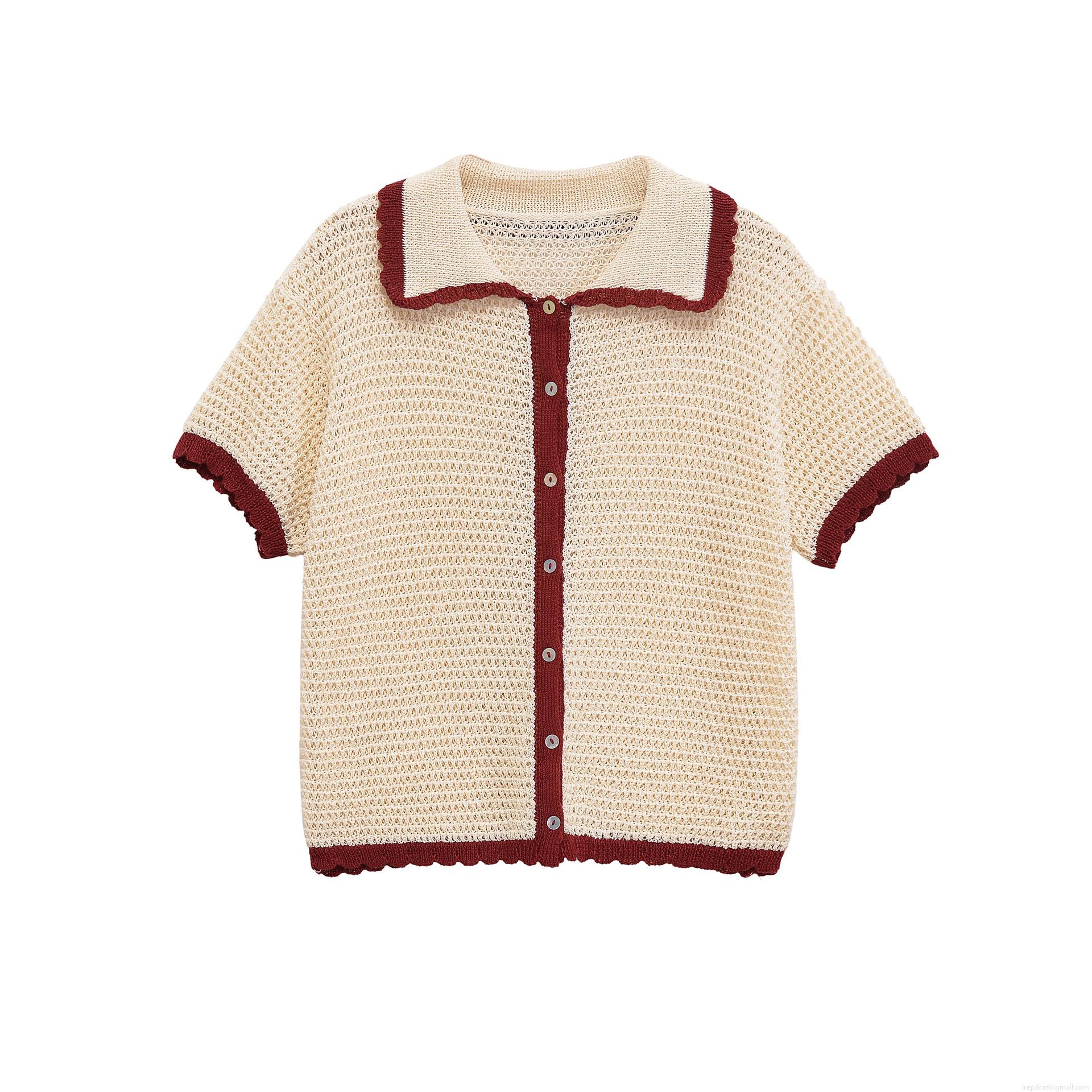 Women 2 Piece Knit Outfits Contrast Color Scalloped Trim Polo Collar Button Up Top and High Waist Drawstring Shorts Set Casual Summer Loungewear Women 2 Piece Knit Outfits Contrast Color Scalloped Trim Polo Collar Button Up Top and High Waist Drawstring Shorts Set Casual Summer Loungewear