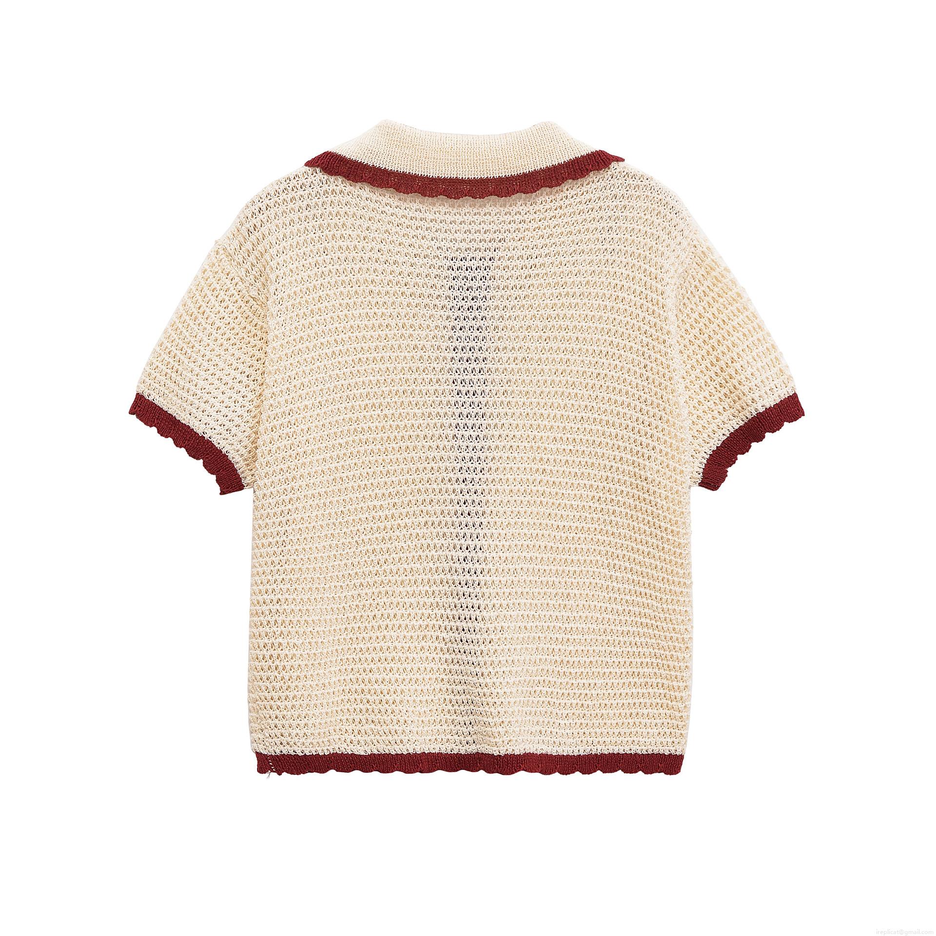 Women 2 Piece Knit Outfits Contrast Color Scalloped Trim Polo Collar Button Up Top and High Waist Drawstring Shorts Set Casual Summer Loungewear