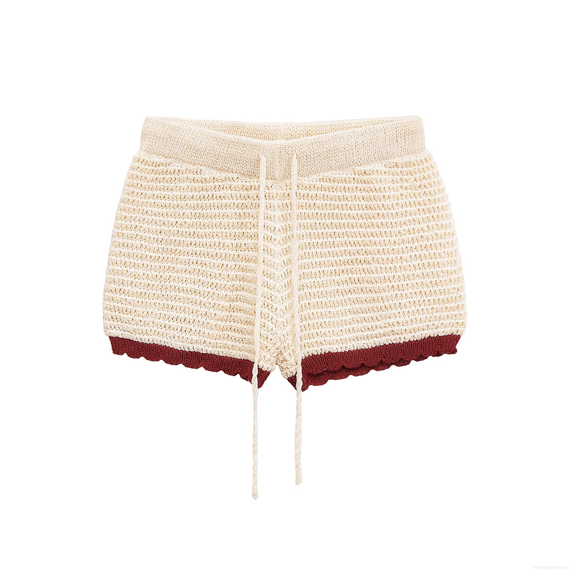 Women 2 Piece Knit Outfits Contrast Color Scalloped Trim Polo Collar Button Up Top and High Waist Drawstring Shorts Set Casual Summer Loungewear