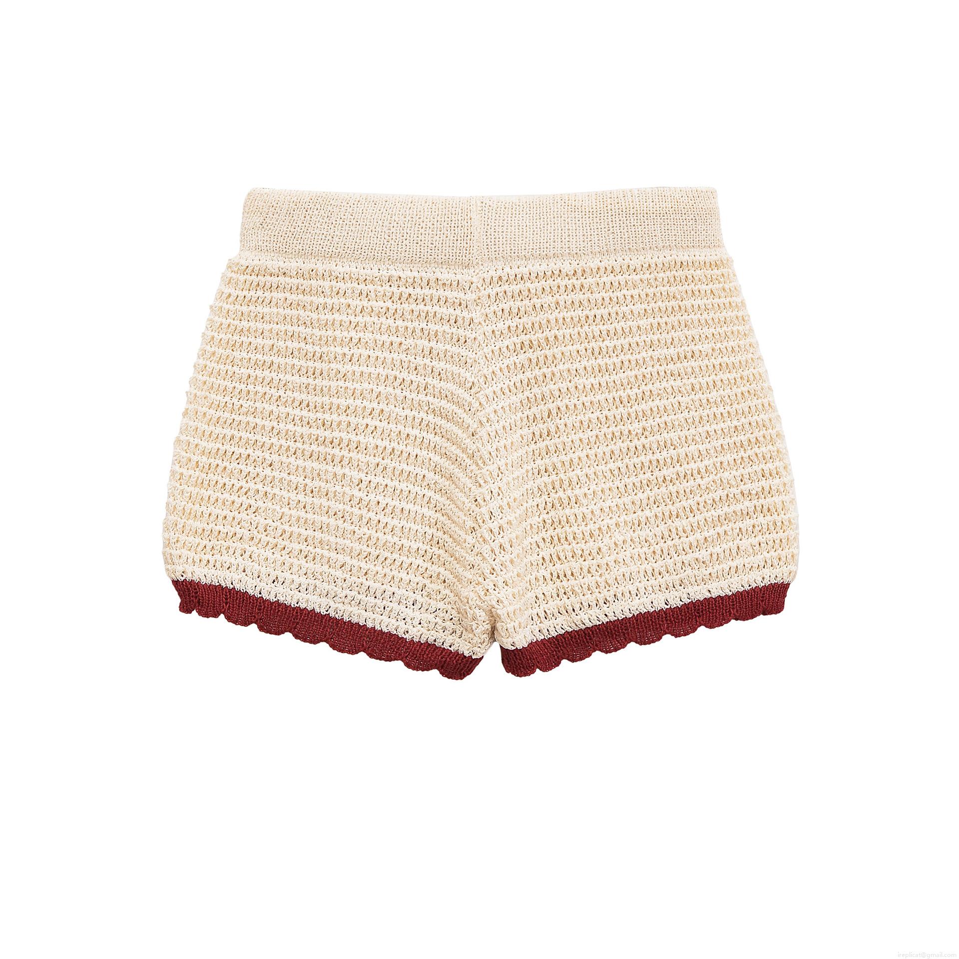 Women 2 Piece Knit Outfits Contrast Color Scalloped Trim Polo Collar Button Up Top and High Waist Drawstring Shorts Set Casual Summer Loungewear
