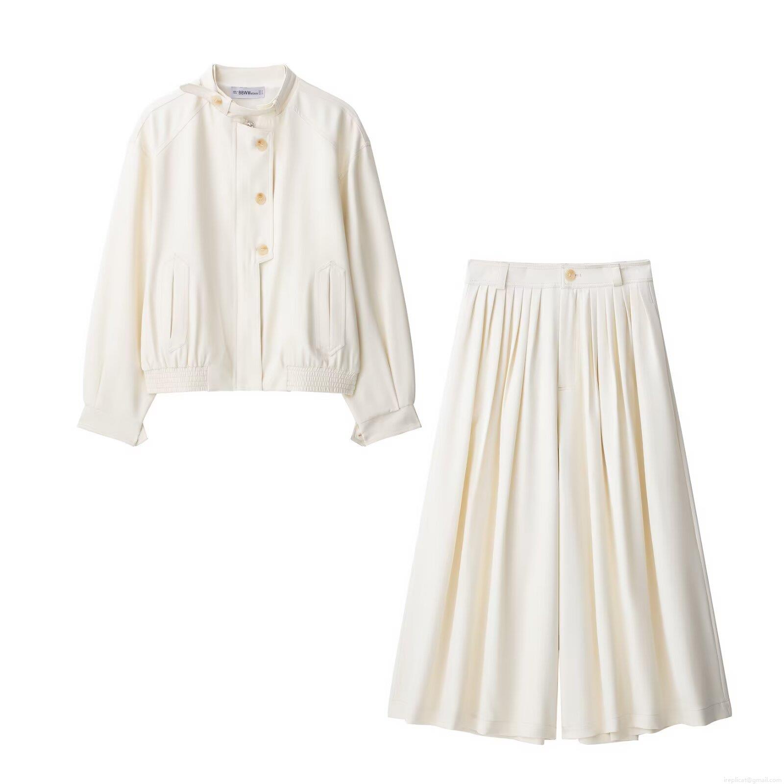 Women's 2 Piece Set 100% Polyester Stand Collar Button Up Jacket and High Waist Pleated Wide Leg Pants Elegant Casual Streetwear Outfits for Lady Women's 2 Piece Set 100% Polyester Stand Collar Button Up Jacket and High Waist Pleated Wide Leg Pants Elegant Casual Streetwear Outfits for Lady
