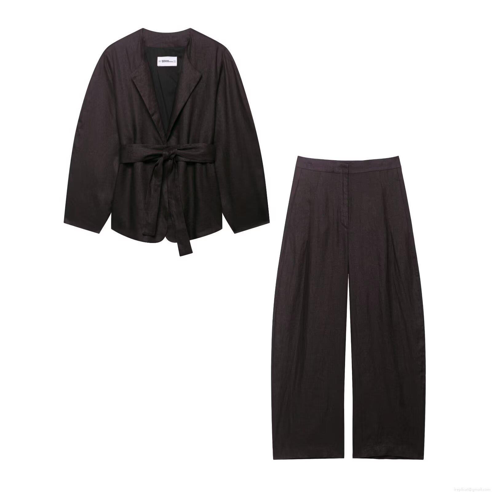 Women's Linen Texture Two Piece Set Kimono Style Long Sleeve Wrap Blazer With Tied Waist And High Waist Wide Leg Balloon Pants Streetwear Casual Elegant Office Outfits Women's Linen Texture Two Piece Set Kimono Style Long Sleeve Wrap Blazer With Tied Waist And High Waist Wide Leg Balloon Pants Streetwear Casual Elegant Office Outfits
