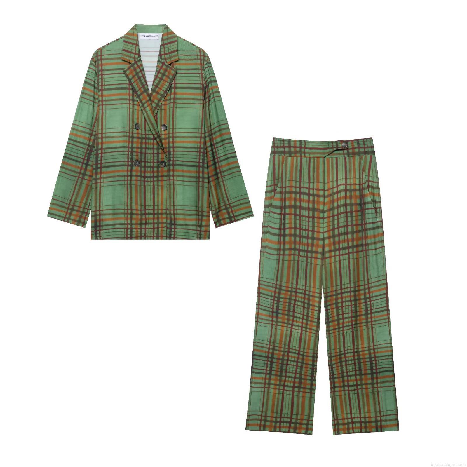 Women's Vintage Green Plaid Suit Set 100% Polyester Double-Breasted Blazer Jacket and High Waist Wide Leg Pants Two Piece Co-ord Streetwear Outfit Women's Vintage Green Plaid Suit Set 100% Polyester Double-Breasted Blazer Jacket and High Waist Wide Leg Pants Two Piece Co-ord Streetwear Outfit