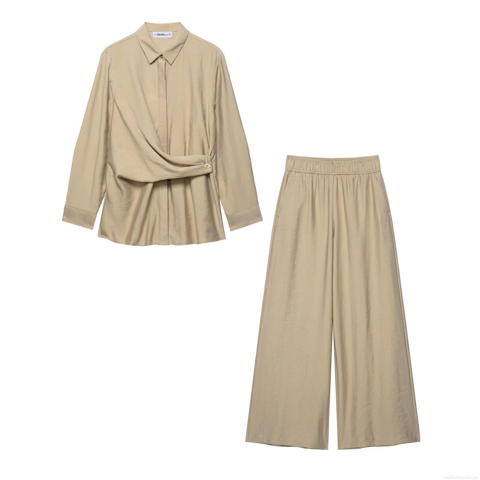 Women's 2-Piece Elegant Khaki Pants Set Long Sleeve Crossover Wrap Shirt With Gold Button High Waist Elastic Wide Leg Trousers Casual Office Suit Women's 2-Piece Elegant Khaki Pants Set Long Sleeve Crossover Wrap Shirt With Gold Button High Waist Elastic Wide Leg Trousers Casual Office Suit