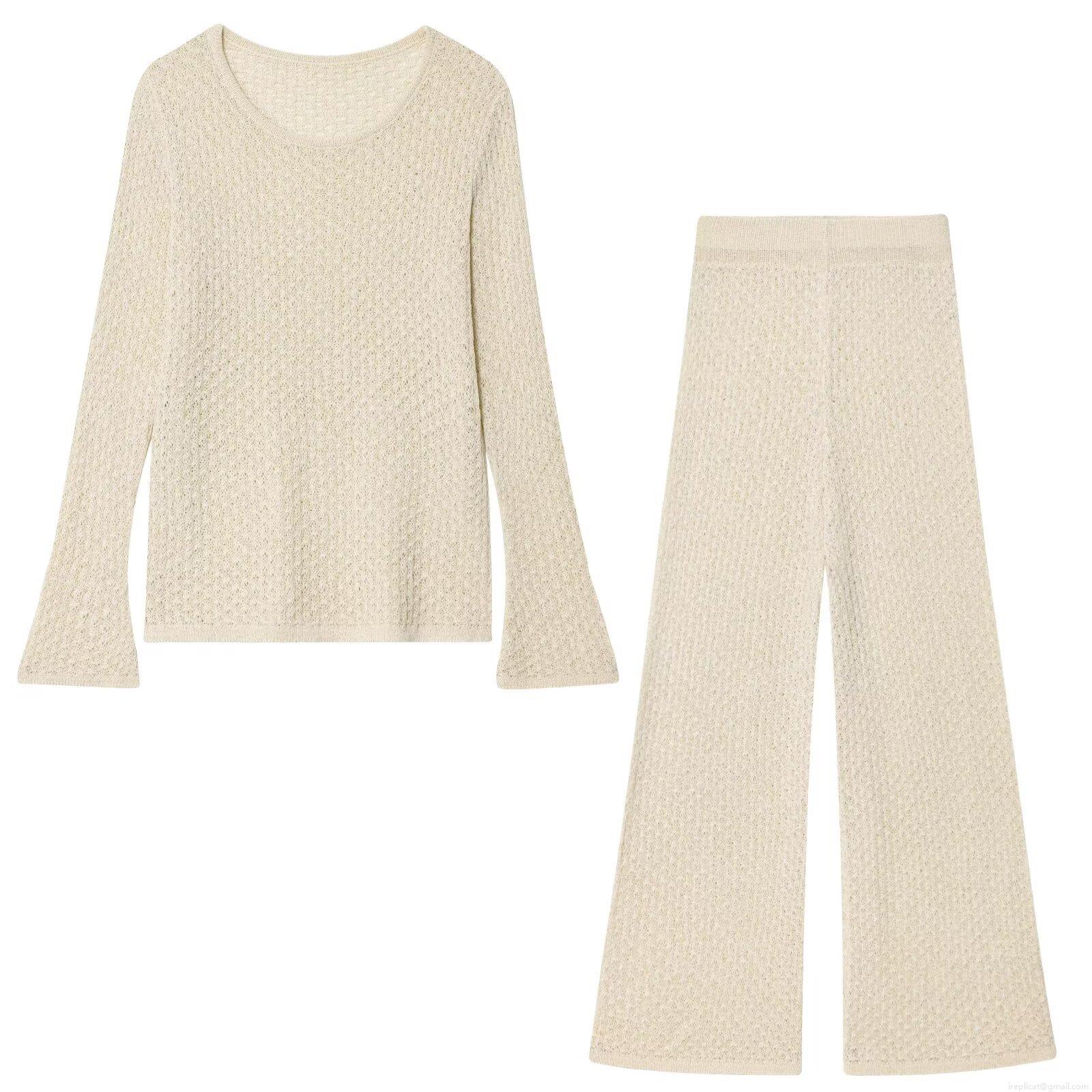 Women's Casual Hollow Out Crochet Knit Two Piece Co-ords Set Long Sleeve Round Neck Top And High Waist Wide Leg Pants Metallic Thread Breathable Summer Autumn Outfits Women's Casual Hollow Out Crochet Knit Two Piece Co-ords Set Long Sleeve Round Neck Top And High Waist Wide Leg Pants Metallic Thread Breathable Summer Autumn Outfits