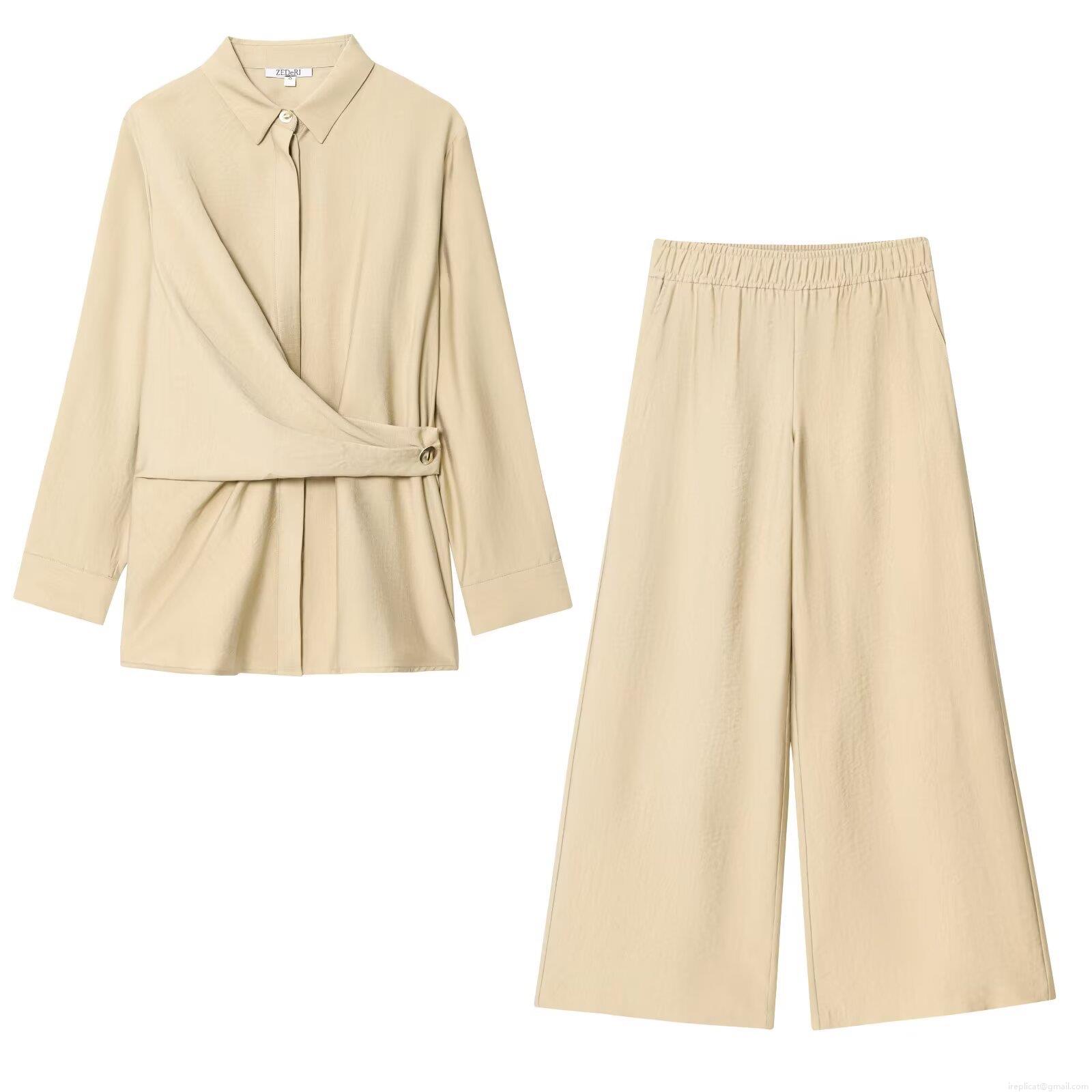 Women's Two Piece Pants Set Elegant Gold Button Criss Cross Long Sleeve Shirt And High Waist Wide Leg Trousers Solid Color Casual Office Lady Suits Women's Two Piece Pants Set Elegant Gold Button Criss Cross Long Sleeve Shirt And High Waist Wide Leg Trousers Solid Color Casual Office Lady Suits