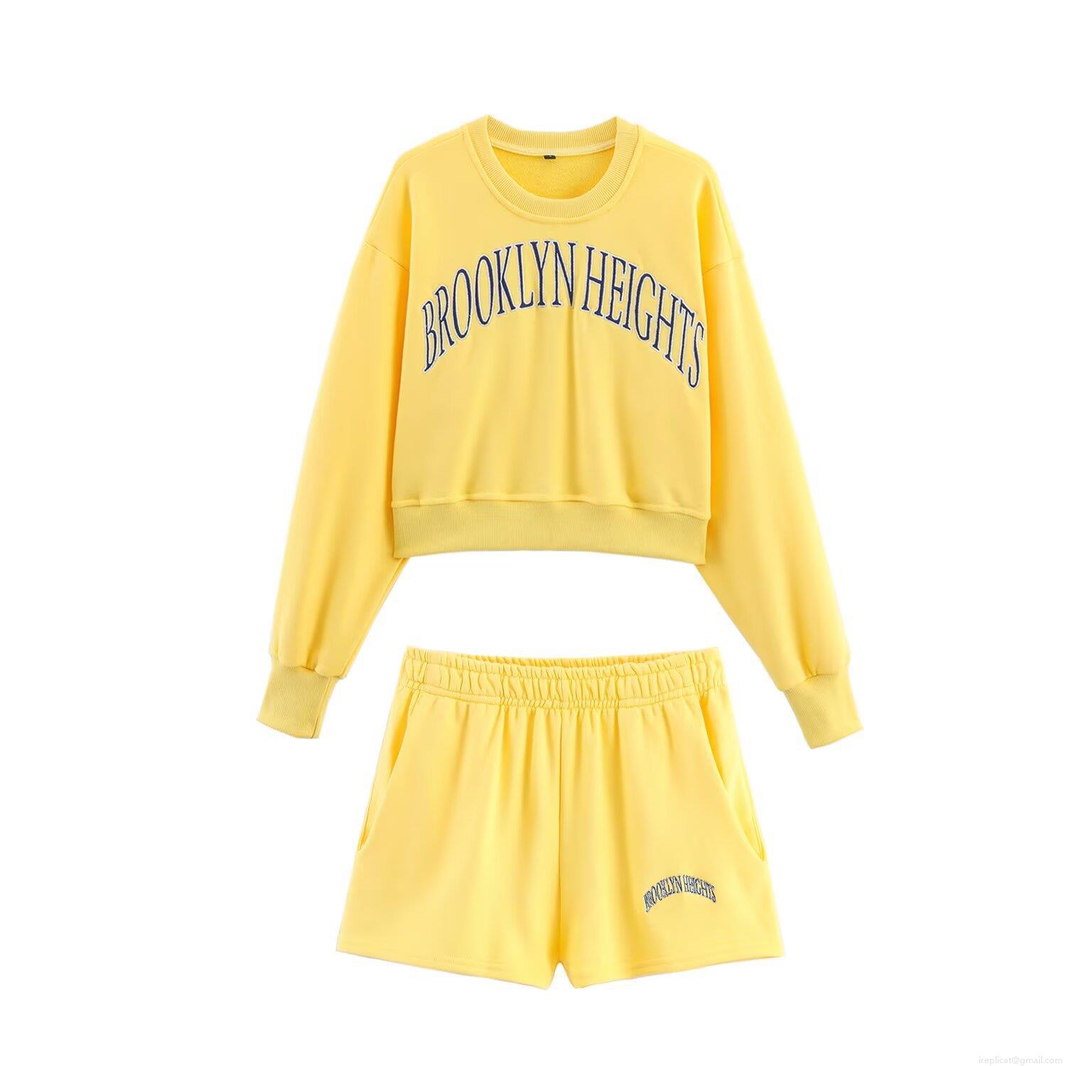 Women's Two Piece Set Brooklyn Heights Embroidery Cotton Blend Long Sleeve Crop Top Sweatshirt And Elastic Waist Shorts Casual Streetwear Sporty Yellow Lounge Wear Women's Two Piece Set Brooklyn Heights Embroidery Cotton Blend Long Sleeve Crop Top Sweatshirt And Elastic Waist Shorts Casual Streetwear Sporty Yellow Lounge Wear