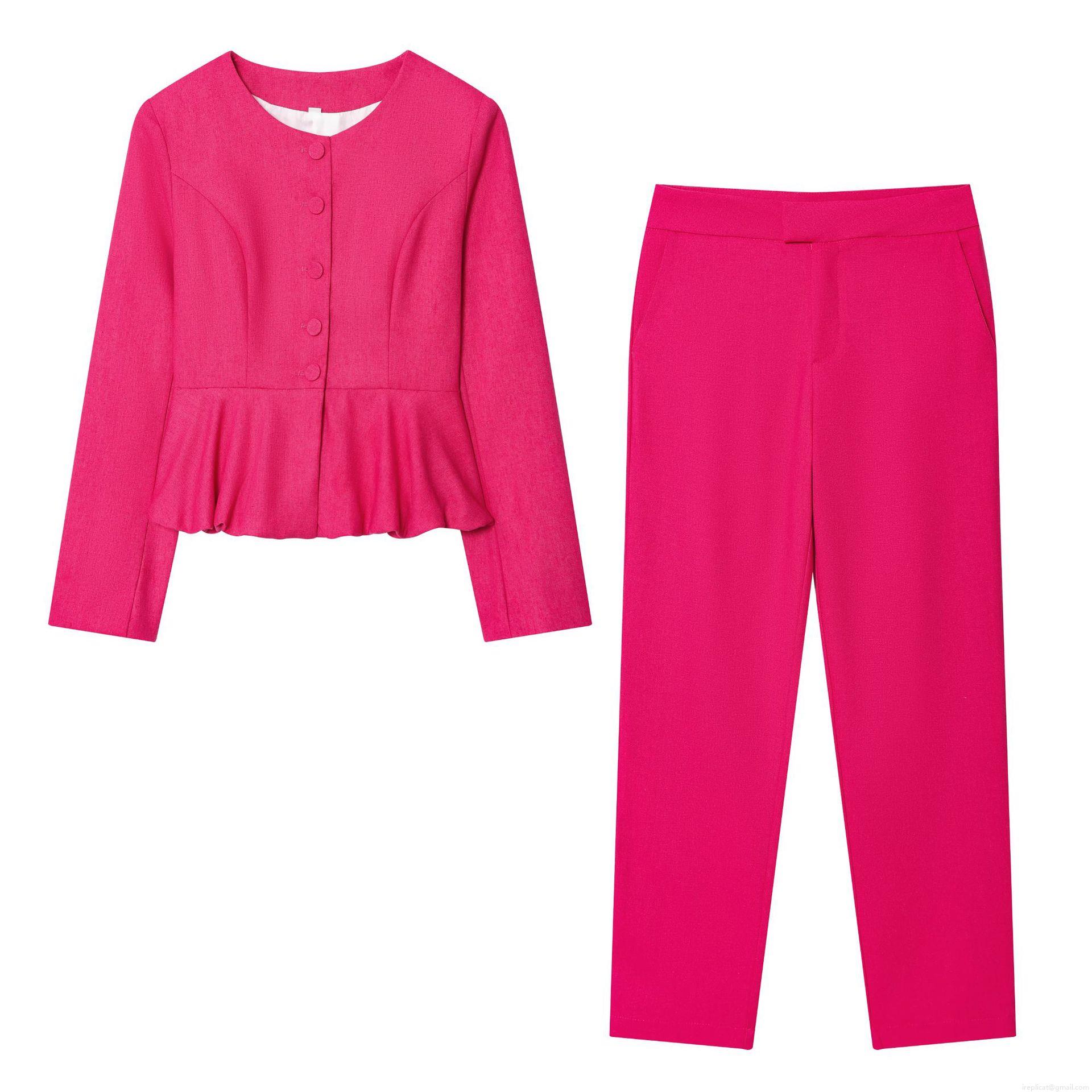 Women Elegant Fuchsia Two Piece Set Round Neck Peplum Short Blazer And High Waist Slim Straight Leg Pants Solid Color Casual Office Suit Streetwear Women Elegant Fuchsia Two Piece Set Round Neck Peplum Short Blazer And High Waist Slim Straight Leg Pants Solid Color Casual Office Suit Streetwear