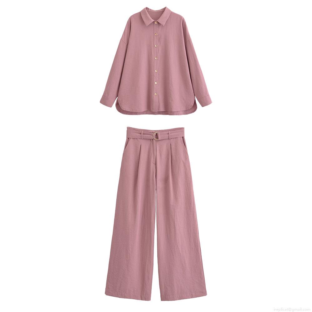 Women's Elegant Two Piece Pants Set 100% Polyester Long Sleeve Lapel Shirt and High Waist Wide Leg Belted Pants Mauve Solid Color Casual Streetwear Outfit for Women Women's Elegant Two Piece Pants Set 100% Polyester Long Sleeve Lapel Shirt and High Waist Wide Leg Belted Pants Mauve Solid Color Casual Streetwear Outfit for Women