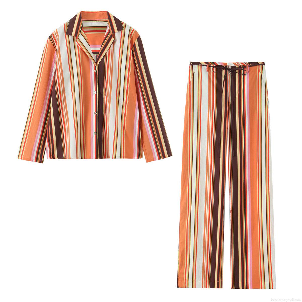 Women's Multi-Color Striped Shirt And Flare Pants Set Polyester Long Sleeve Button Up Lapel Top And Drawstring High Waist Wide Leg Trousers Casual Streetwear Lounge Wear Retro Pajama Style Two Piece Outfit Women's Multi-Color Striped Shirt And Flare Pants Set Polyester Long Sleeve Button Up Lapel Top And Drawstring High Waist Wide Leg Trousers Casual Streetwear Lounge Wear Retro Pajama Style Two Piece Outfit