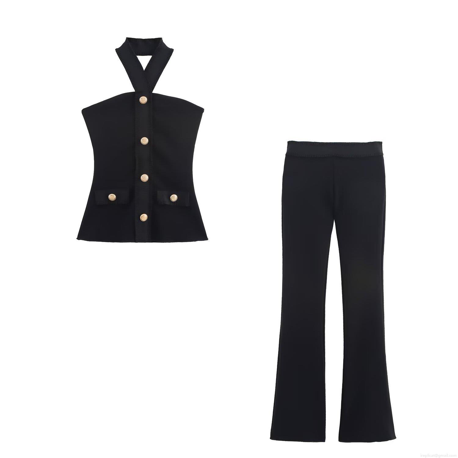 Women's Two Piece Outfits Halter Neck Sleeveless Top And High Waist Flare Pants Set Elegant Streetwear Solid Color Slim Fit Tracksuit With Gold Buttons Women's Two Piece Outfits Halter Neck Sleeveless Top And High Waist Flare Pants Set Elegant Streetwear Solid Color Slim Fit Tracksuit With Gold Buttons