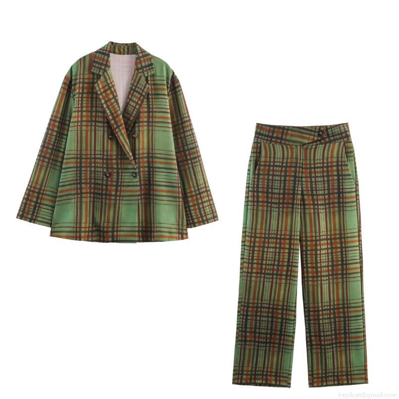 Women's Plaid Blazer Suit Set Double Breasted Suit Jacket and Flared Pants 2 Piece Outfits Vintage British Style Plaid Set for Office Lady Streetwear Women's Plaid Blazer Suit Set Double Breasted Suit Jacket and Flared Pants 2 Piece Outfits Vintage British Style Plaid Set for Office Lady Streetwear