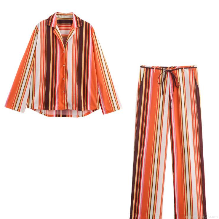 Women's Casual Multicolor Striped Pajama Style 2 Piece Set Long Sleeve Button Down Shirt And High Waist Flare Pants Set Streetwear Outfit Women's Casual Multicolor Striped Pajama Style 2 Piece Set Long Sleeve Button Down Shirt And High Waist Flare Pants Set Streetwear Outfit